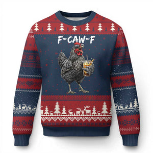 F-CAW-F Sarcastic Chicken Drinking Coffee Ugly Christmas Sweater Funny Morning Mood Grumpy Hen Iced Coffee Lover TS02 Navy Red Print Your Wear