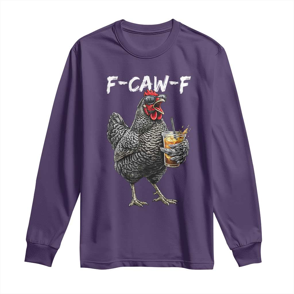 F-CAW-F Sarcastic Chicken Drinking Coffee Long Sleeve Shirt Funny Morning Mood Grumpy Hen Iced Coffee Lover TS02 Purple Print Your Wear