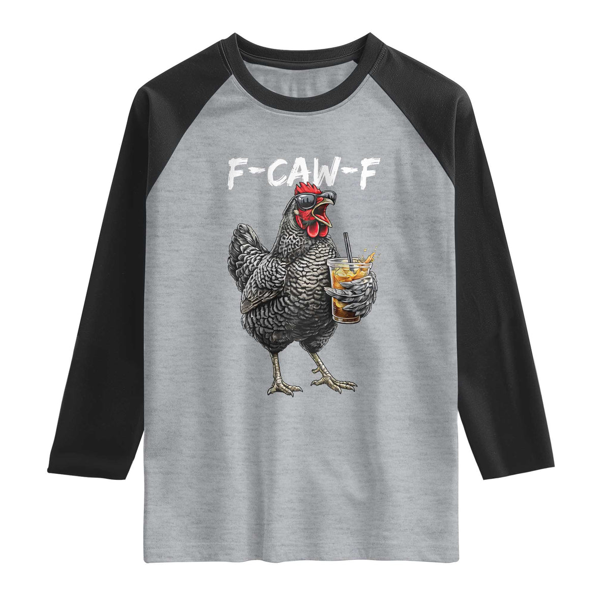 F-CAW-F Sarcastic Chicken Drinking Coffee Raglan Shirt Funny Morning Mood Grumpy Hen Iced Coffee Lover TS02 Heather Gray Black Print Your Wear