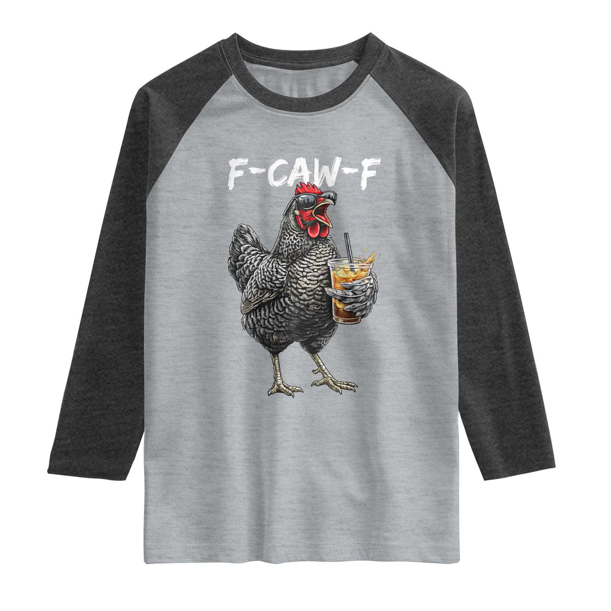 F-CAW-F Sarcastic Chicken Drinking Coffee Raglan Shirt Funny Morning Mood Grumpy Hen Iced Coffee Lover TS02 Heather Gray Heather Charcoal Print Your Wear