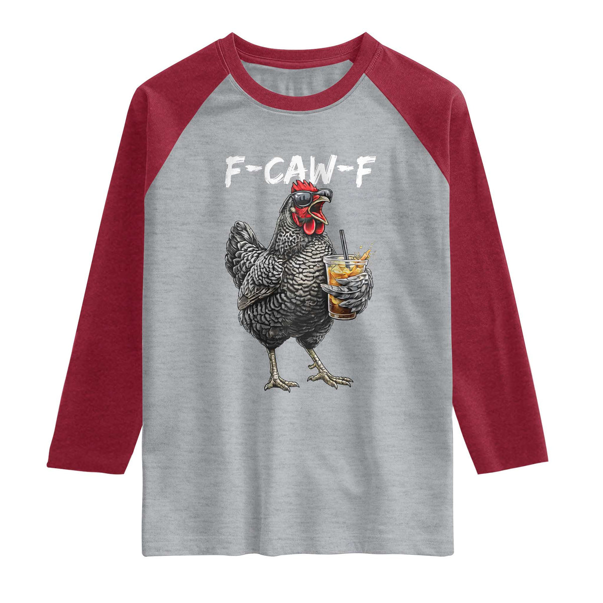F-CAW-F Sarcastic Chicken Drinking Coffee Raglan Shirt Funny Morning Mood Grumpy Hen Iced Coffee Lover TS02 Heather Gray Heather Red Print Your Wear