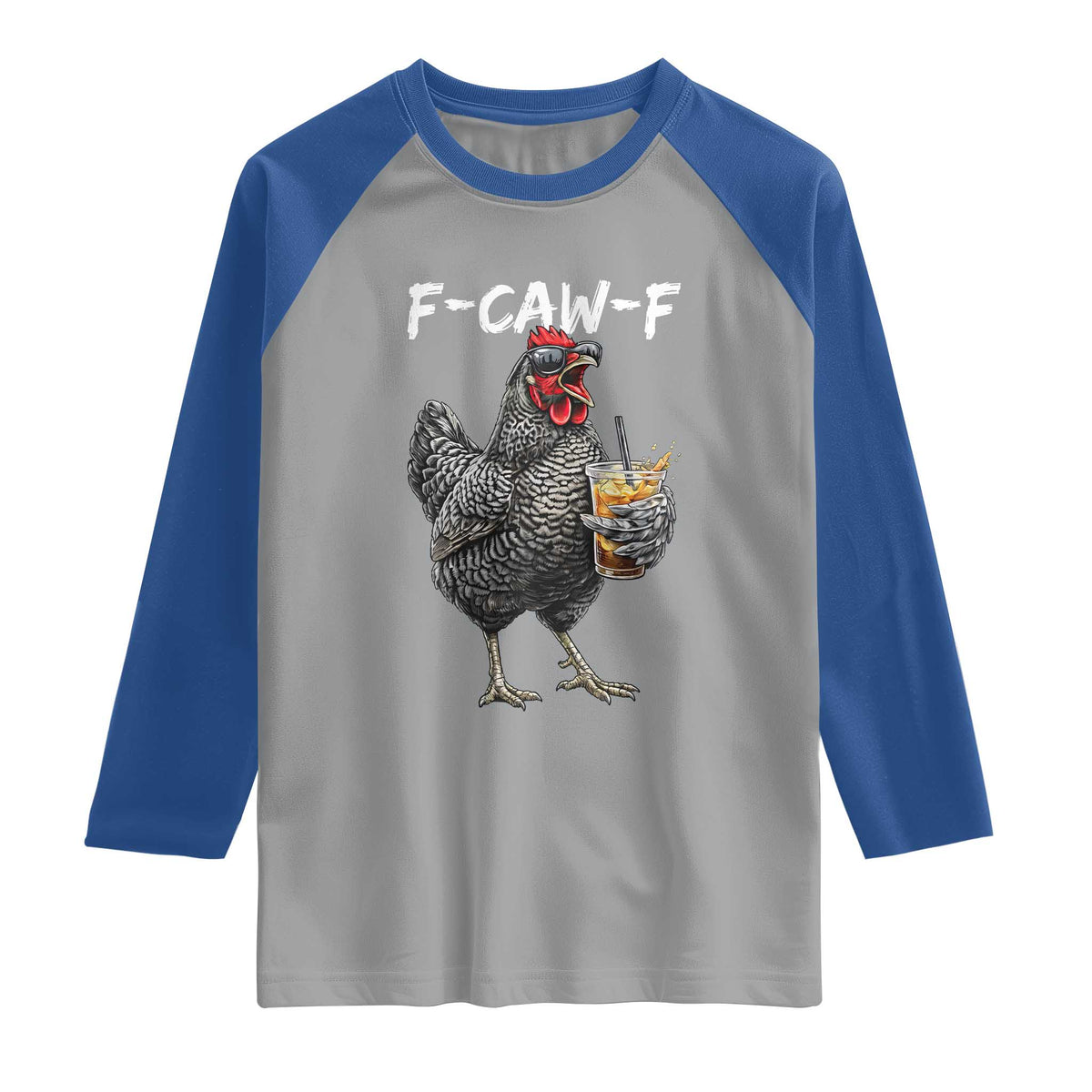 F-CAW-F Sarcastic Chicken Drinking Coffee Raglan Shirt Funny Morning Mood Grumpy Hen Iced Coffee Lover TS02 Sport Gray Royal Print Your Wear