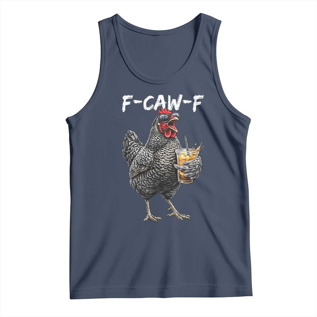 F-CAW-F Sarcastic Chicken Drinking Coffee Tank Top Funny Morning Mood Grumpy Hen Iced Coffee Lover TS02 Navy Print Your Wear