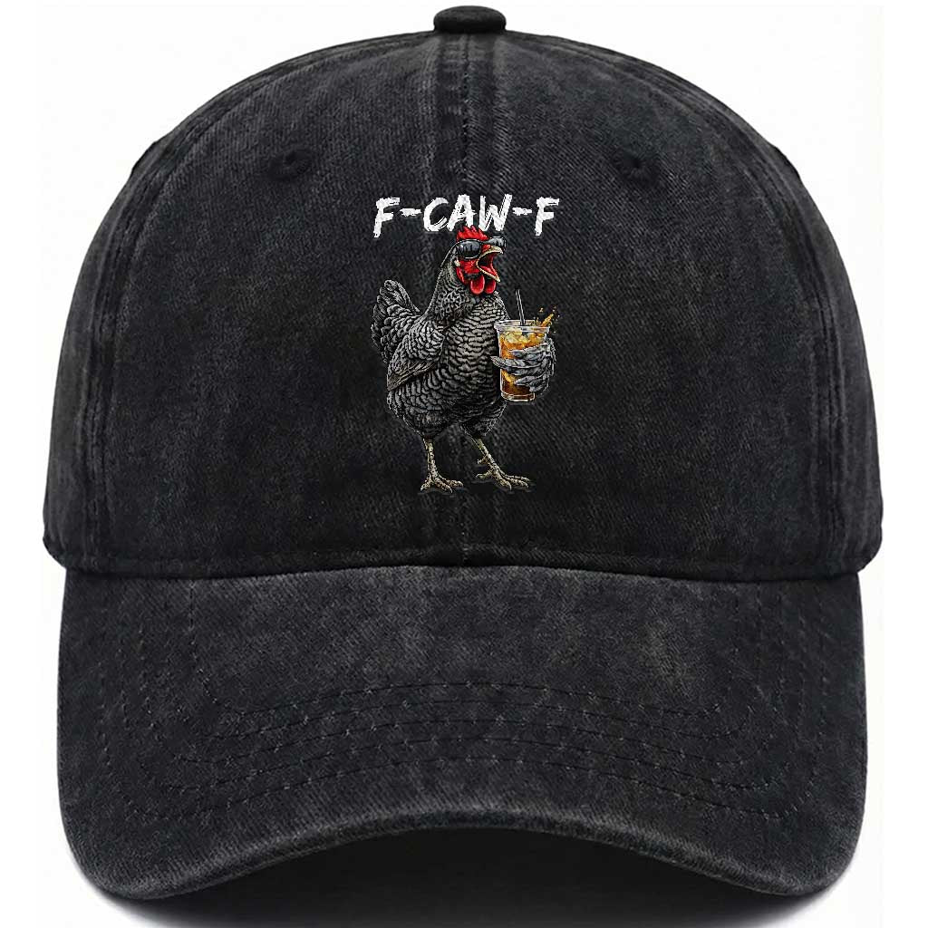 F-CAW-F Sarcastic Chicken Drinking Coffee Washed Cotton Baseball Cap Funny Morning Mood Grumpy Hen Iced Coffee Lover TS02 Print Your Wear