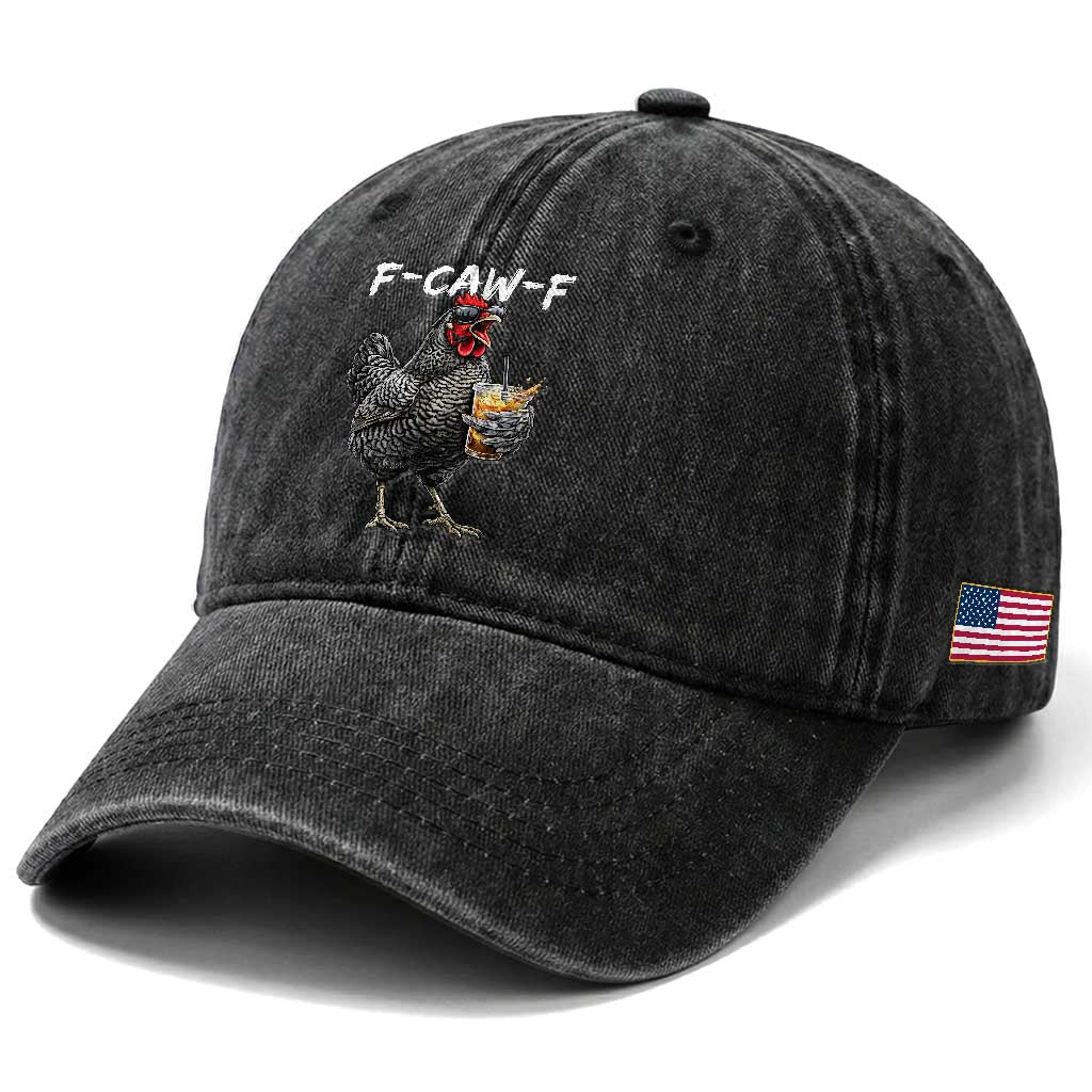 F-CAW-F Sarcastic Chicken Drinking Coffee Washed Cotton Baseball Cap Funny Morning Mood Grumpy Hen Iced Coffee Lover TS02 Print Your Wear