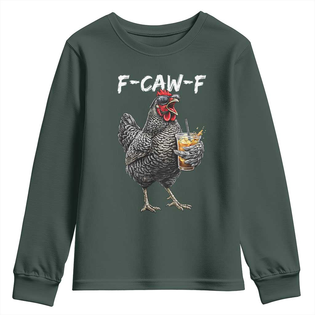 F-CAW-F Sarcastic Chicken Drinking Coffee Youth Sweatshirt Funny Morning Mood Grumpy Hen Iced Coffee Lover TS02 Dark Forest Green Print Your Wear