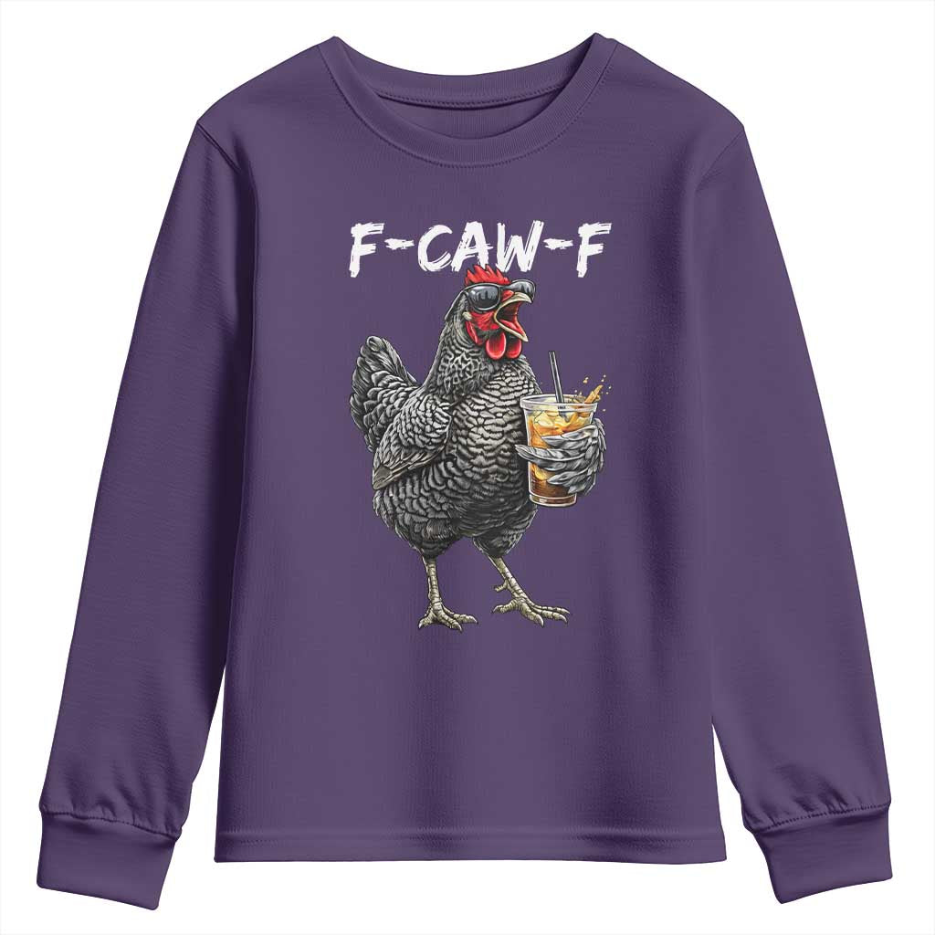 F-CAW-F Sarcastic Chicken Drinking Coffee Youth Sweatshirt Funny Morning Mood Grumpy Hen Iced Coffee Lover TS02 Purple Print Your Wear