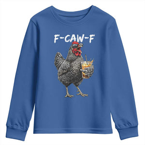 F-CAW-F Sarcastic Chicken Drinking Coffee Youth Sweatshirt Funny Morning Mood Grumpy Hen Iced Coffee Lover TS02 Royal Blue Print Your Wear