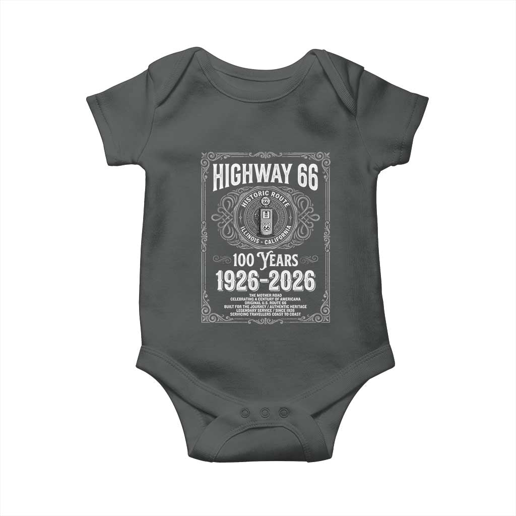 Historic Mother Road Highway 66 Baby Onesie Centennial 1926-2026 Classic Gas Pump Filigree Graphic TS02 Dark Heather Print Your Wear