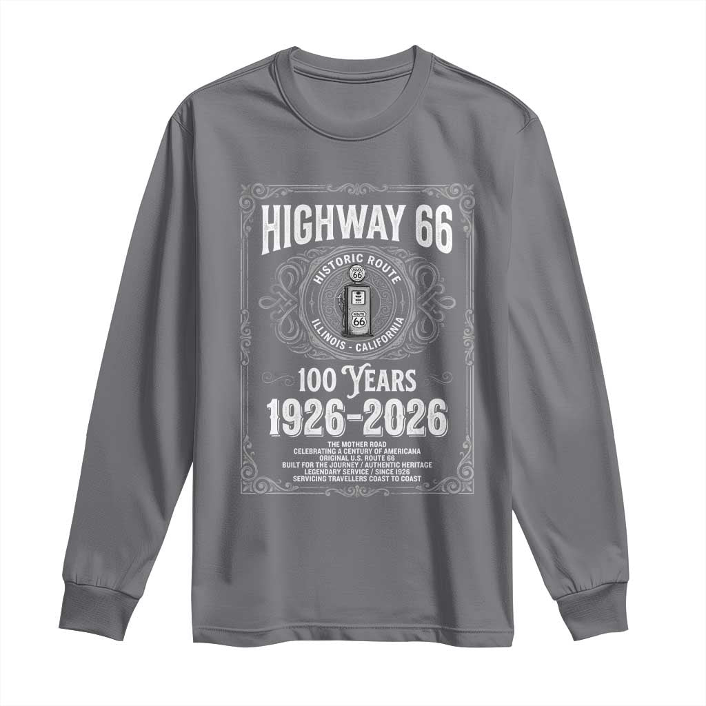 Historic Mother Road Highway 66 Long Sleeve Shirt Centennial 1926-2026 Classic Gas Pump Filigree Graphic TS02 Charcoal Print Your Wear