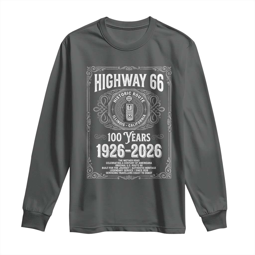 Historic Mother Road Highway 66 Long Sleeve Shirt Centennial 1926-2026 Classic Gas Pump Filigree Graphic TS02 Dark Heather Print Your Wear