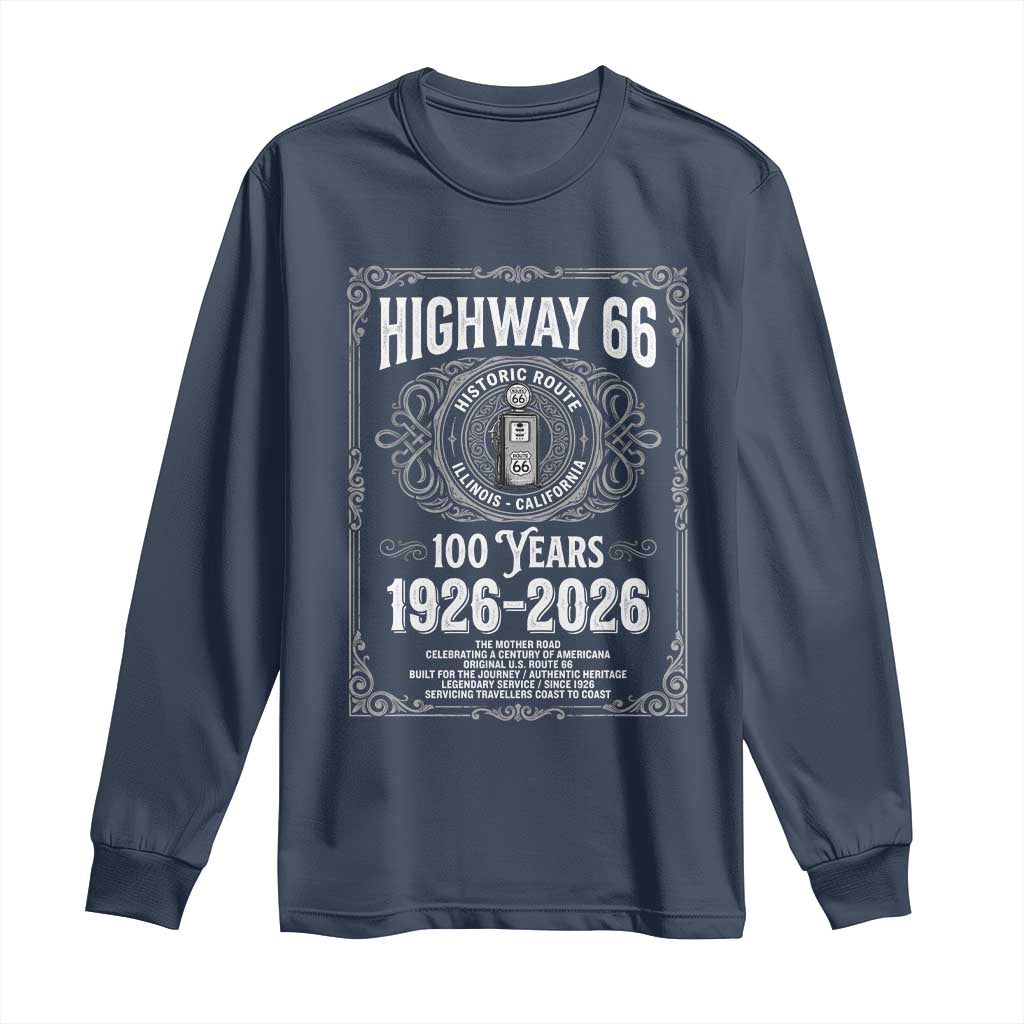 Historic Mother Road Highway 66 Long Sleeve Shirt Centennial 1926-2026 Classic Gas Pump Filigree Graphic TS02 Navy Print Your Wear