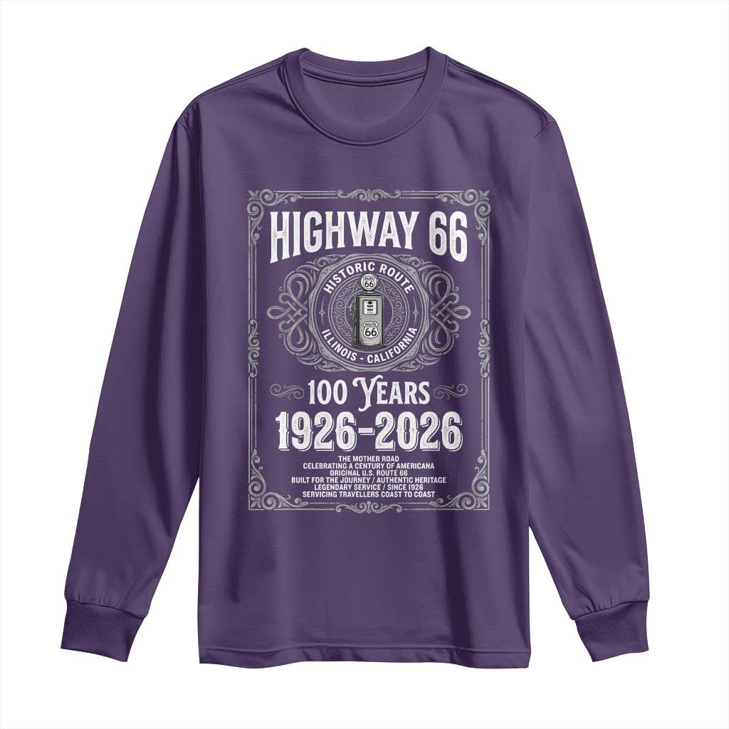 Historic Mother Road Highway 66 Long Sleeve Shirt Centennial 1926-2026 Classic Gas Pump Filigree Graphic TS02 Purple Print Your Wear