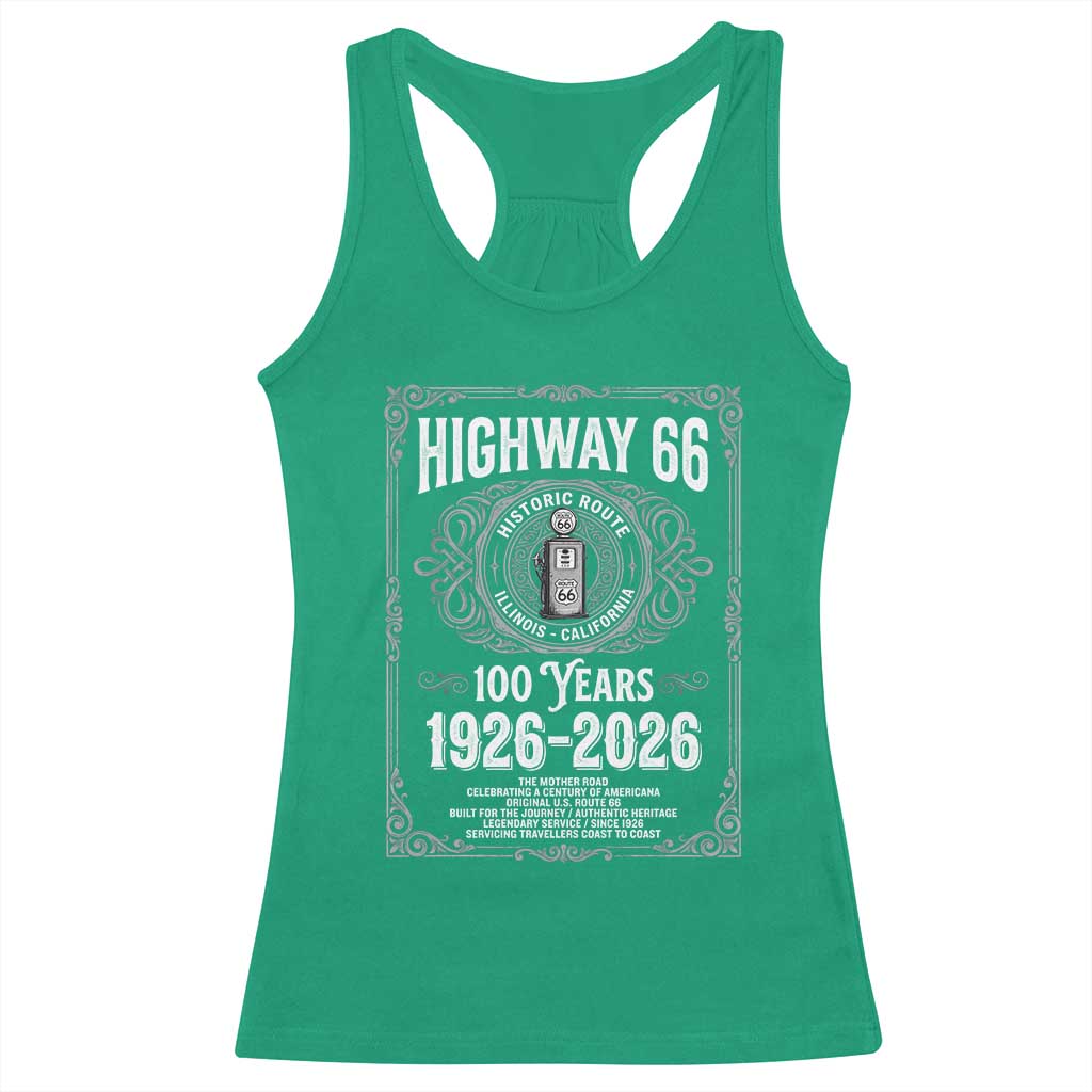Historic Mother Road Highway 66 Racerback Tank Top Centennial 1926-2026 Classic Gas Pump Filigree Graphic TS02 Irish Green Print Your Wear