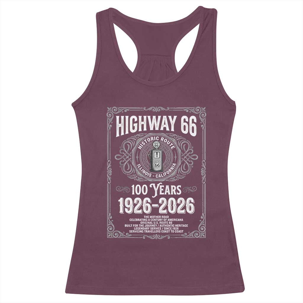 Historic Mother Road Highway 66 Racerback Tank Top Centennial 1926-2026 Classic Gas Pump Filigree Graphic TS02 Maroon Print Your Wear