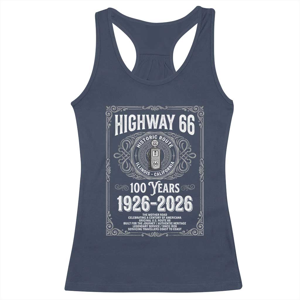 Historic Mother Road Highway 66 Racerback Tank Top Centennial 1926-2026 Classic Gas Pump Filigree Graphic TS02 Navy Print Your Wear