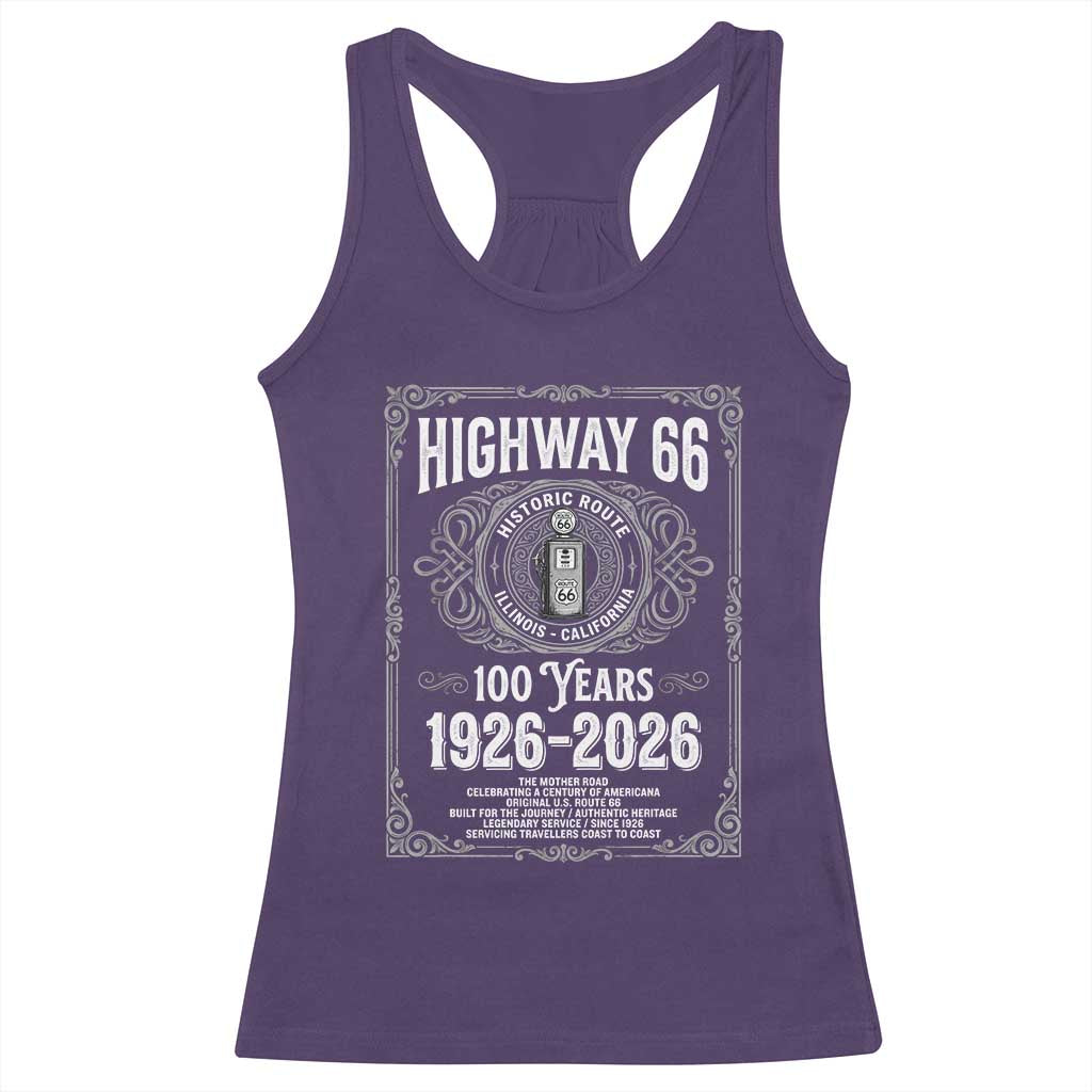 Historic Mother Road Highway 66 Racerback Tank Top Centennial 1926-2026 Classic Gas Pump Filigree Graphic TS02 Purple Print Your Wear