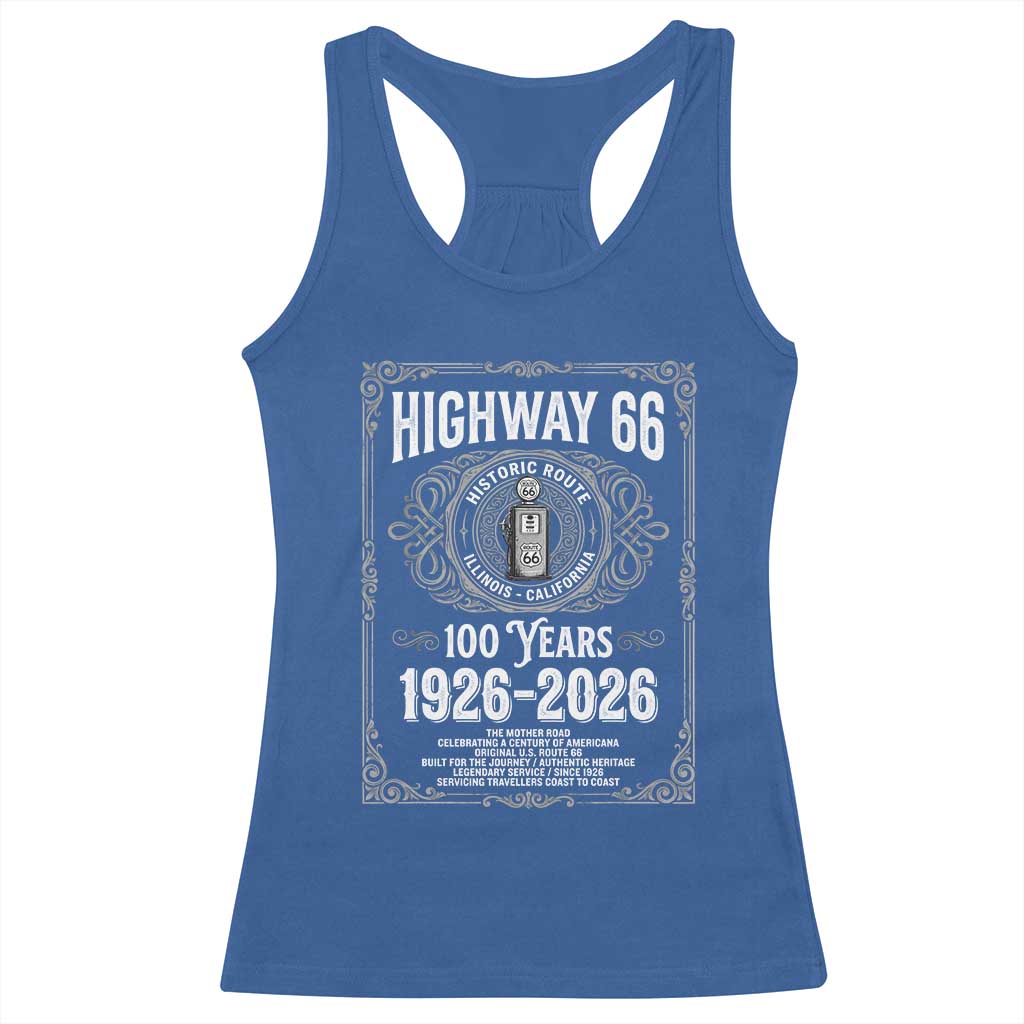 Historic Mother Road Highway 66 Racerback Tank Top Centennial 1926-2026 Classic Gas Pump Filigree Graphic TS02 Royal Blue Print Your Wear