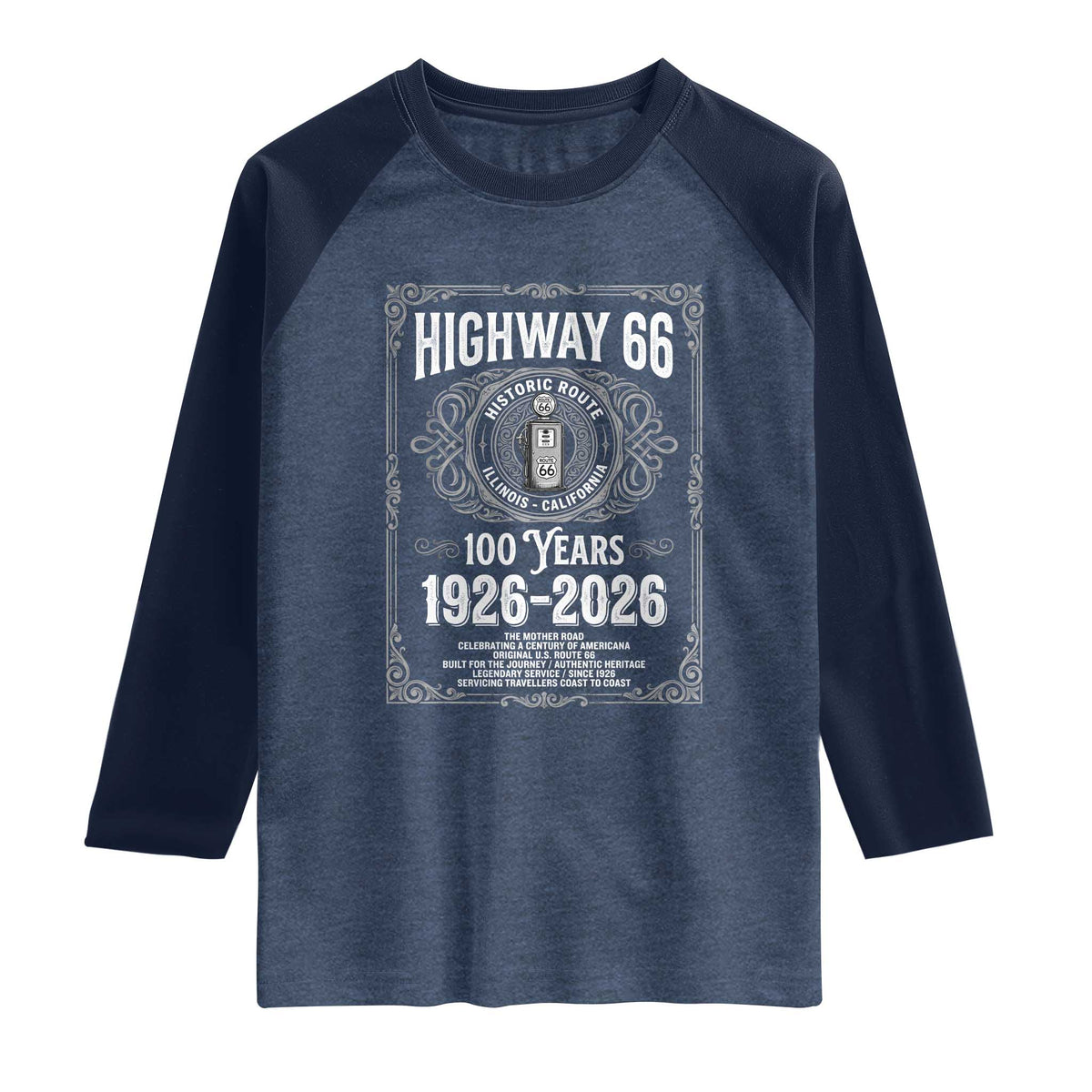 Historic Mother Road Highway 66 Raglan Shirt Centennial 1926-2026 Classic Gas Pump Filigree Graphic TS02 Heather Denim Navy Print Your Wear