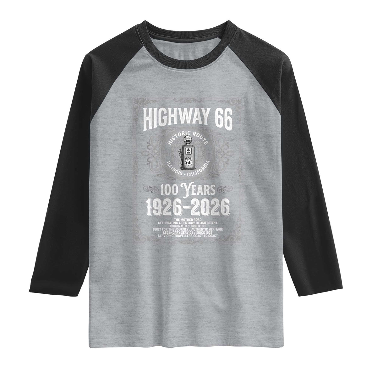 Historic Mother Road Highway 66 Raglan Shirt Centennial 1926-2026 Classic Gas Pump Filigree Graphic TS02 Heather Gray Black Print Your Wear