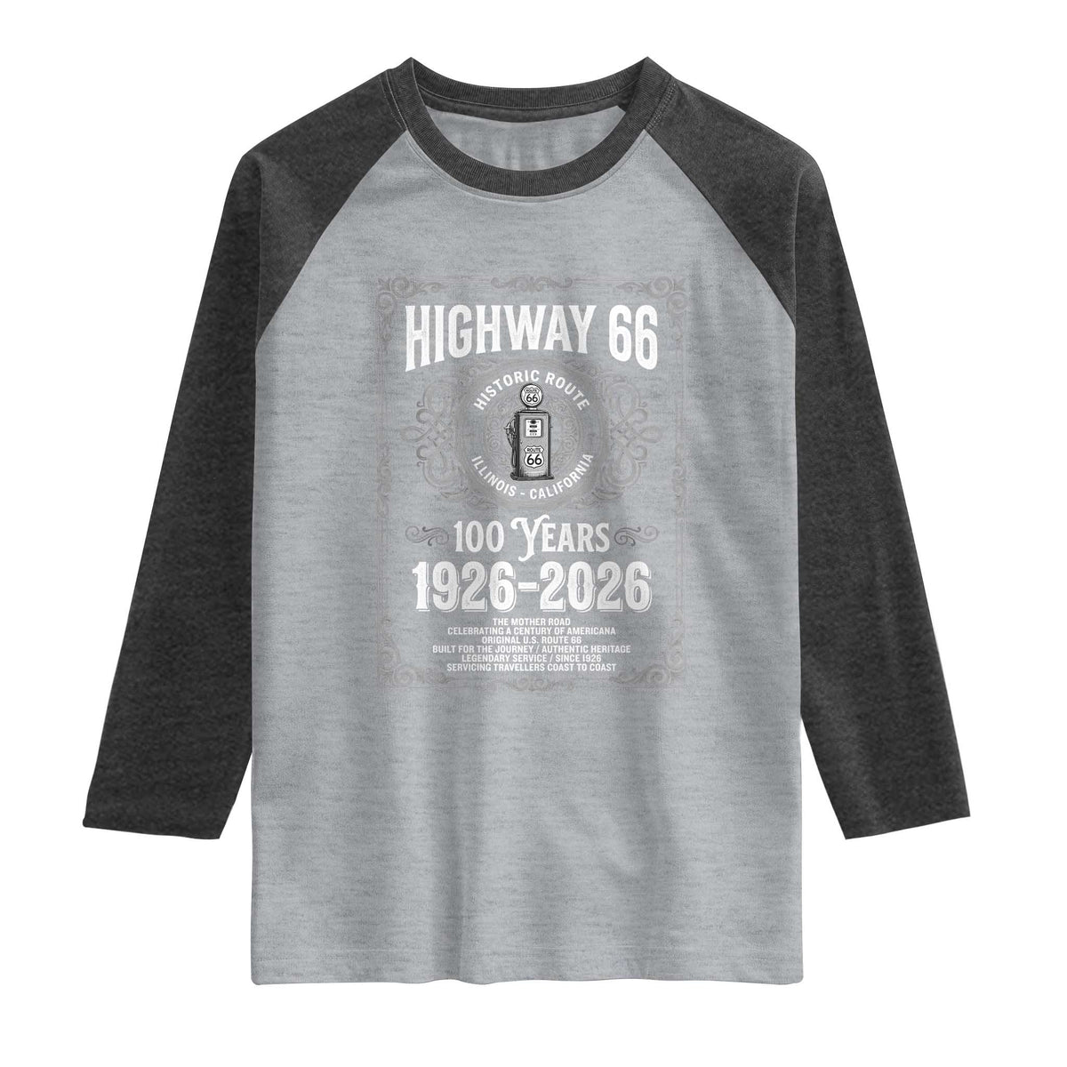 Historic Mother Road Highway 66 Raglan Shirt Centennial 1926-2026 Classic Gas Pump Filigree Graphic TS02 Heather Gray Heather Charcoal Print Your Wear