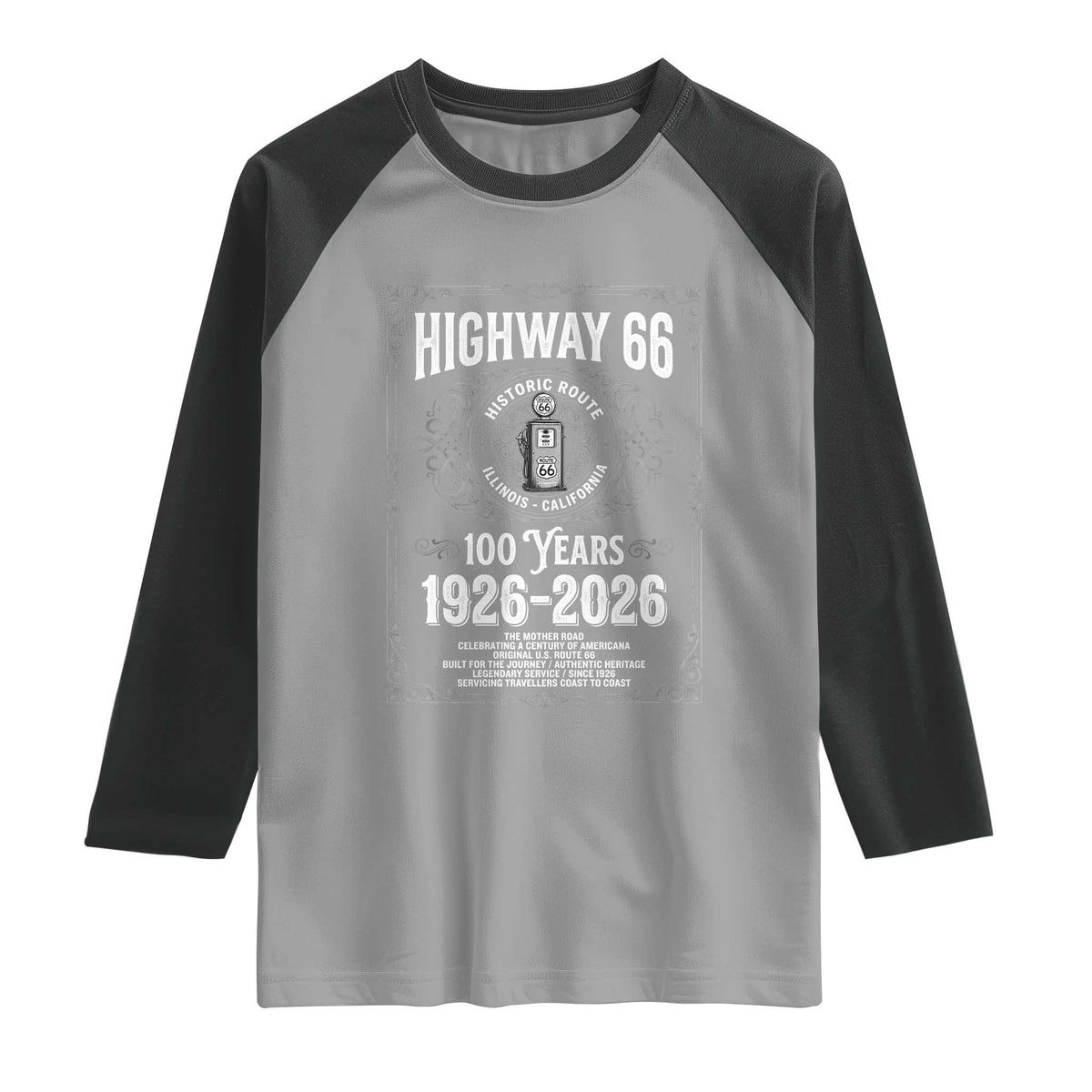 Historic Mother Road Highway 66 Raglan Shirt Centennial 1926-2026 Classic Gas Pump Filigree Graphic TS02 Sport Gray Black Print Your Wear