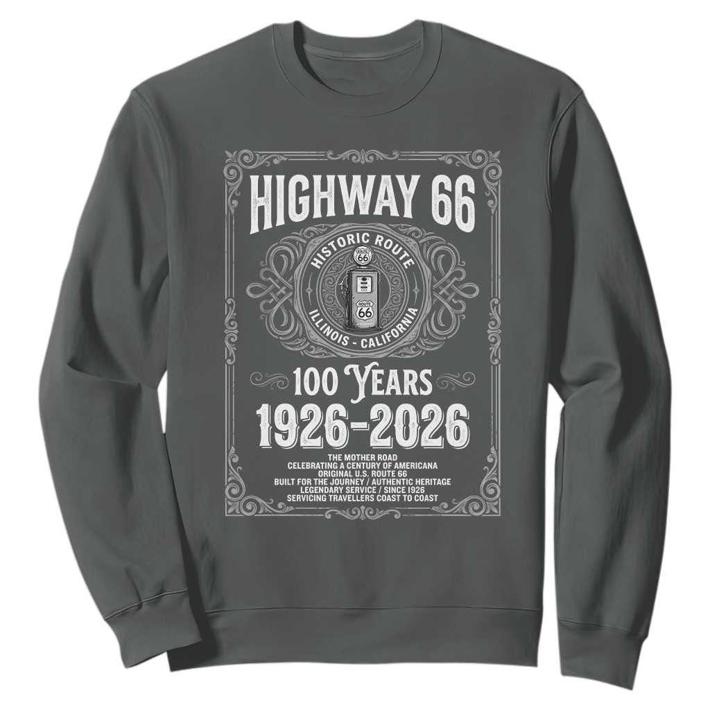 Historic Mother Road Highway 66 Sweatshirt Centennial 1926-2026 Classic Gas Pump Filigree Graphic TS02 Dark Heather Print Your Wear