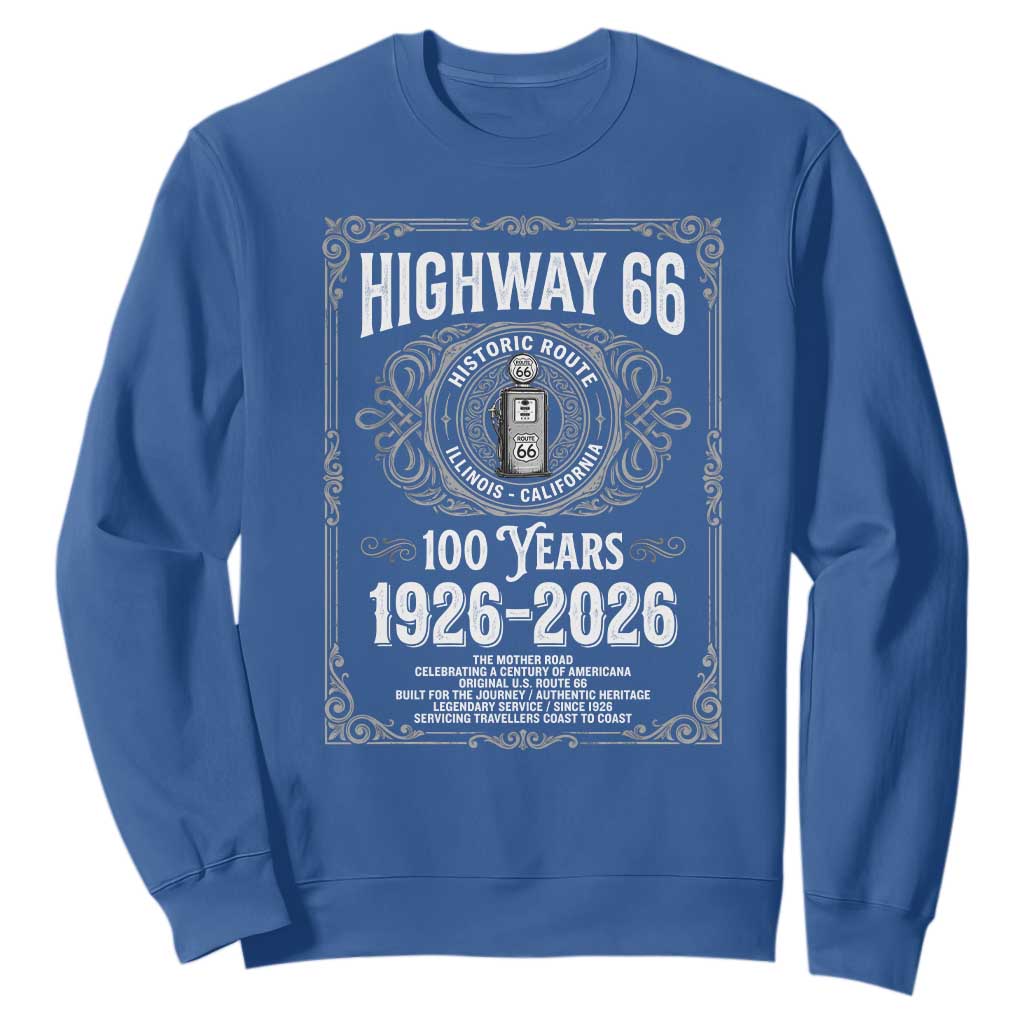Historic Mother Road Highway 66 Sweatshirt Centennial 1926-2026 Classic Gas Pump Filigree Graphic TS02 Royal Blue Print Your Wear