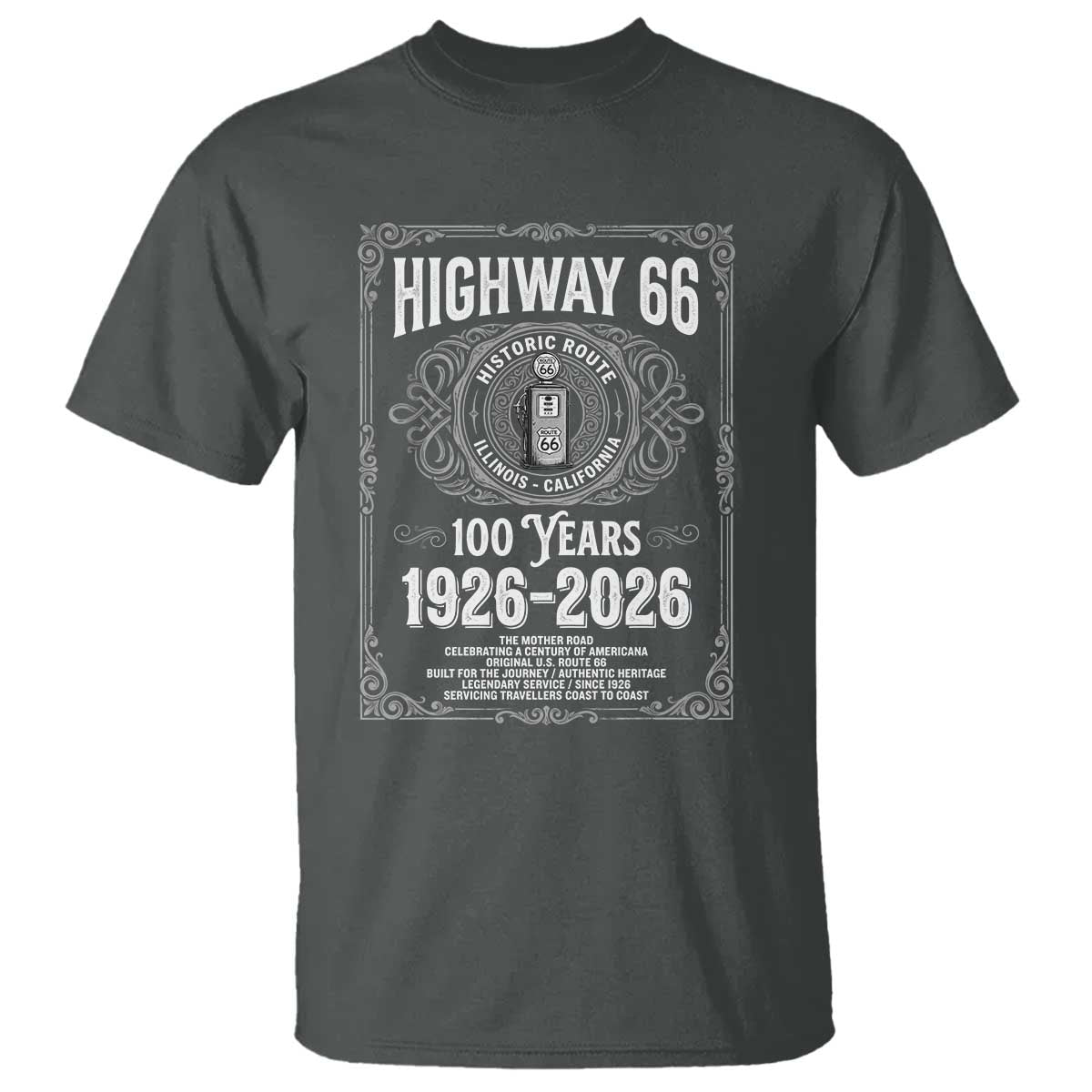 Historic Mother Road Highway 66 T Shirt Centennial 1926-2026 Classic Gas Pump Filigree Graphic TS02 Dark Heather Print Your Wear
