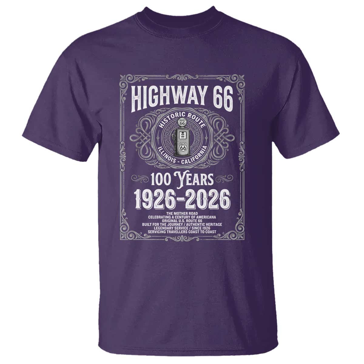 Historic Mother Road Highway 66 T Shirt Centennial 1926-2026 Classic Gas Pump Filigree Graphic TS02 Purple Print Your Wear