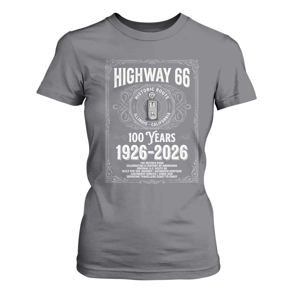 Historic Mother Road Highway 66 T Shirt For Women Centennial 1926-2026 Classic Gas Pump Filigree Graphic TS02 Charcoal Print Your Wear