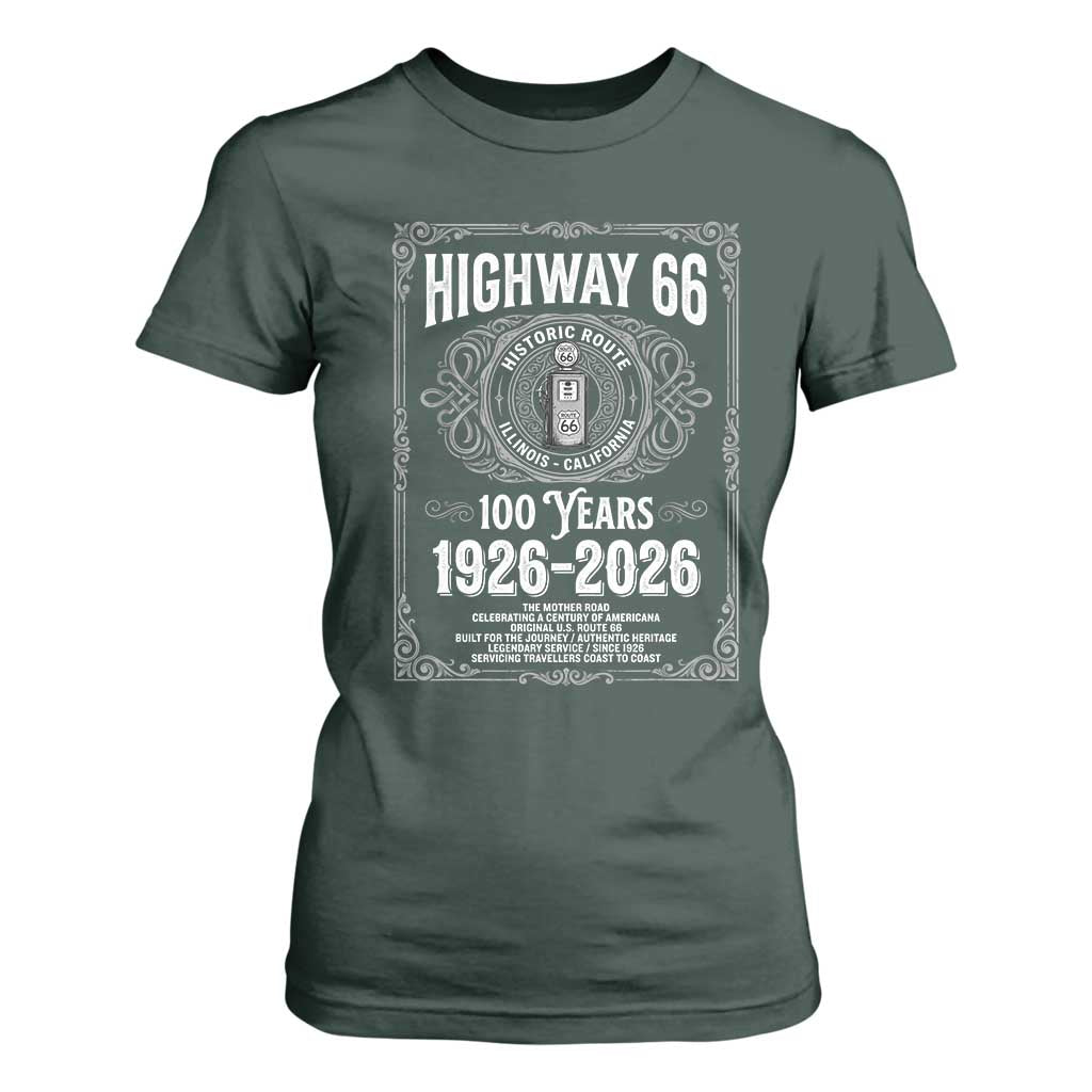 Historic Mother Road Highway 66 T Shirt For Women Centennial 1926-2026 Classic Gas Pump Filigree Graphic TS02 Dark Forest Green Print Your Wear