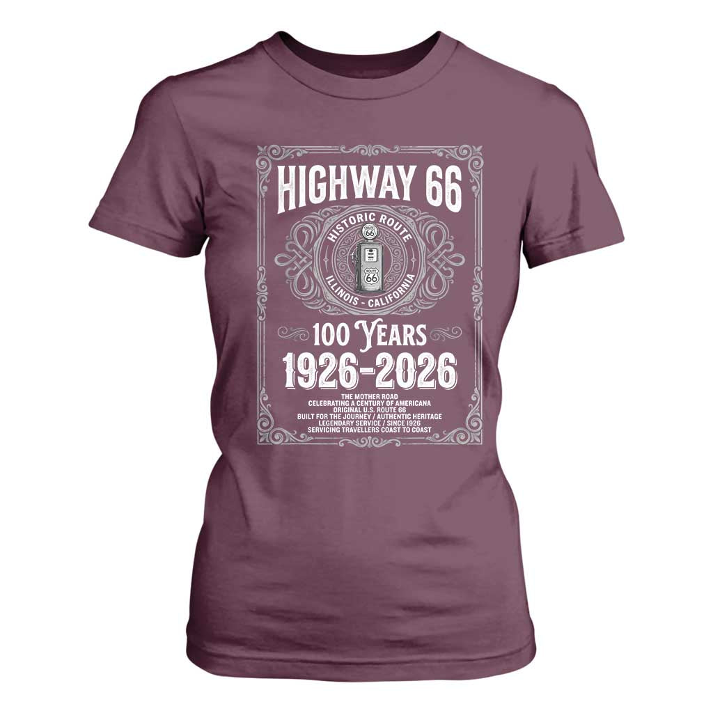 Historic Mother Road Highway 66 T Shirt For Women Centennial 1926-2026 Classic Gas Pump Filigree Graphic TS02 Maroon Print Your Wear