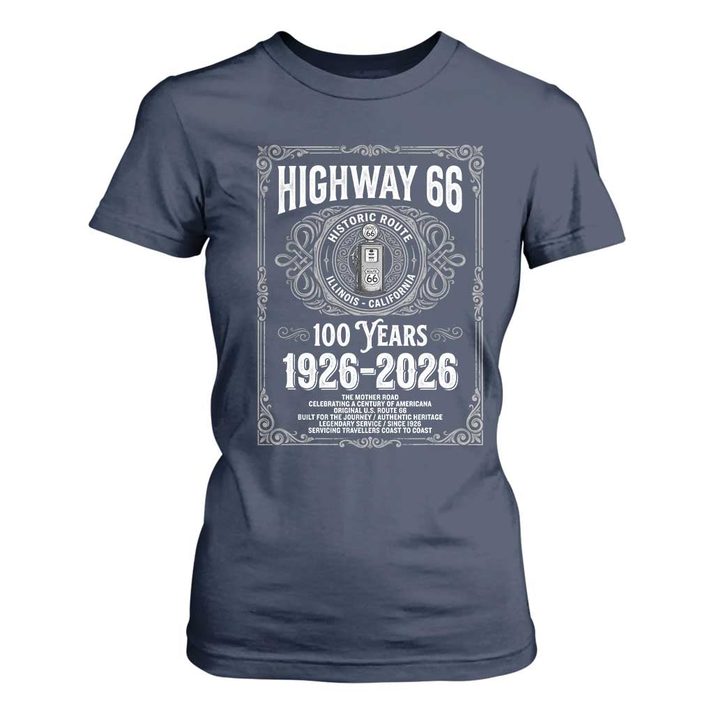 Historic Mother Road Highway 66 T Shirt For Women Centennial 1926-2026 Classic Gas Pump Filigree Graphic TS02 Navy Print Your Wear