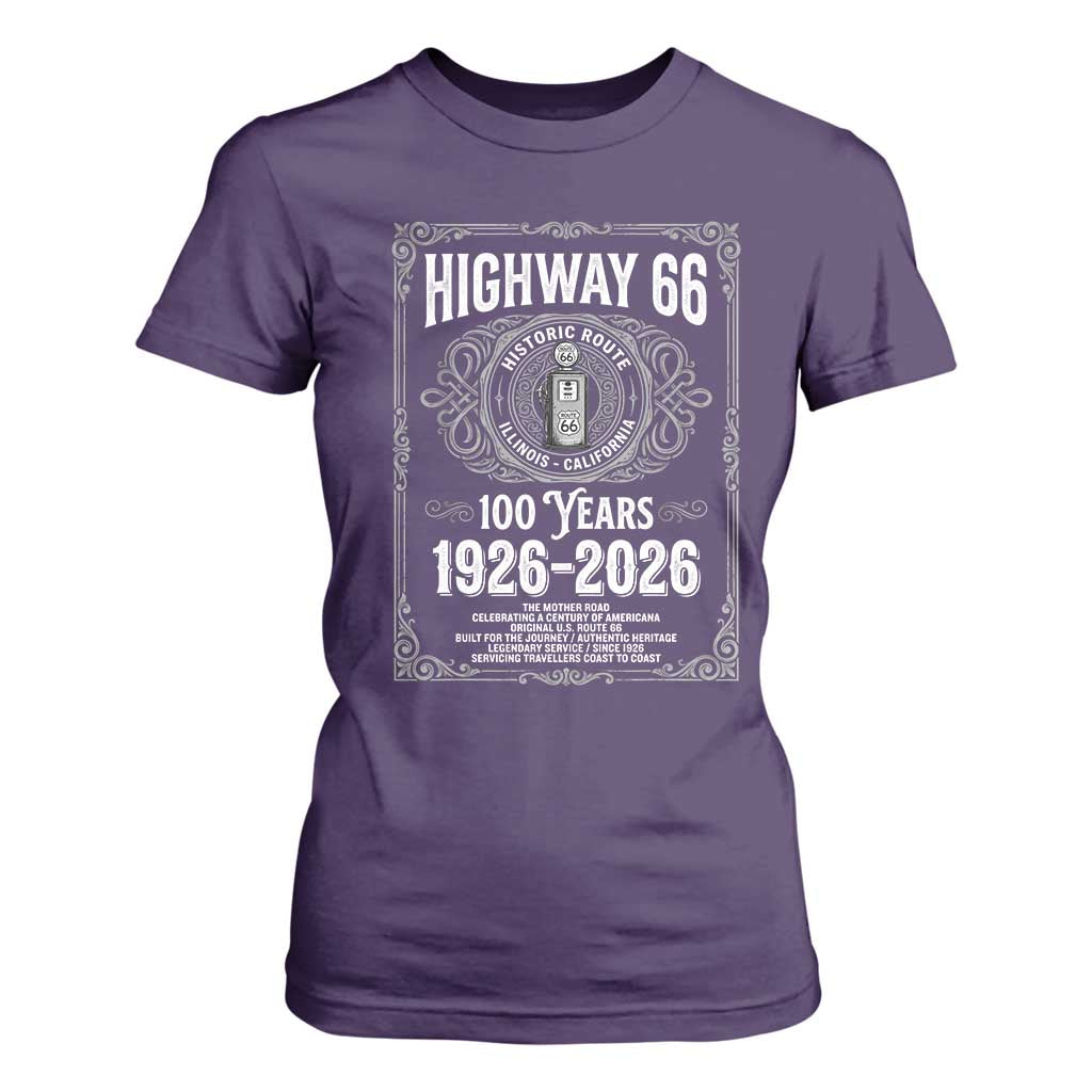 Historic Mother Road Highway 66 T Shirt For Women Centennial 1926-2026 Classic Gas Pump Filigree Graphic TS02 Purple Print Your Wear