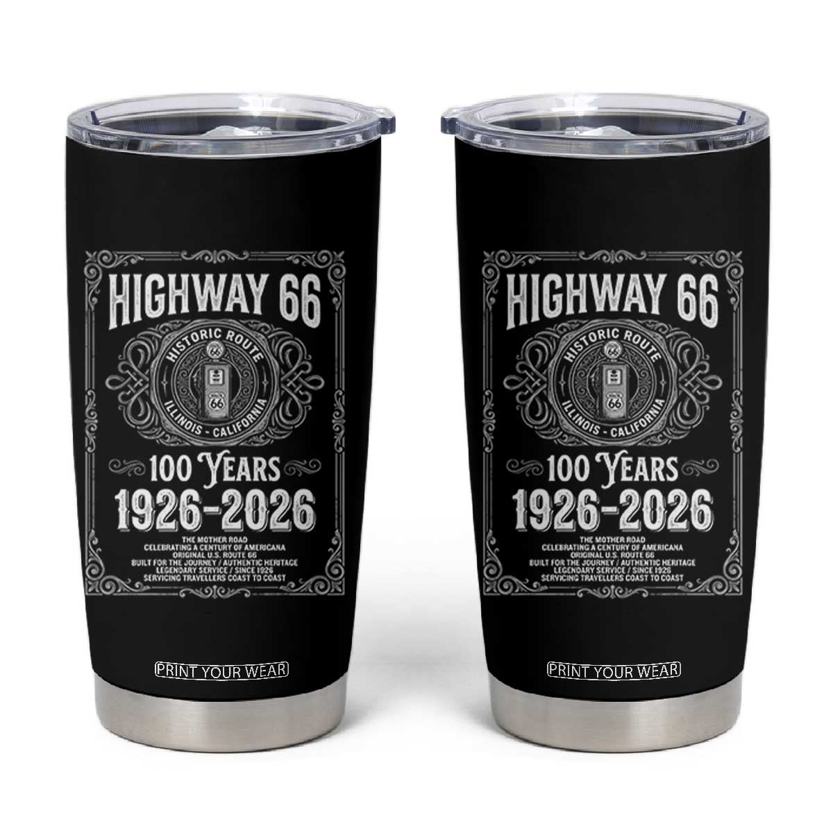 Historic Mother Road Highway 66 Tumbler Cup Centennial 1926-2026 Classic Gas Pump Filigree Graphic TS02 Black Print Your Wear