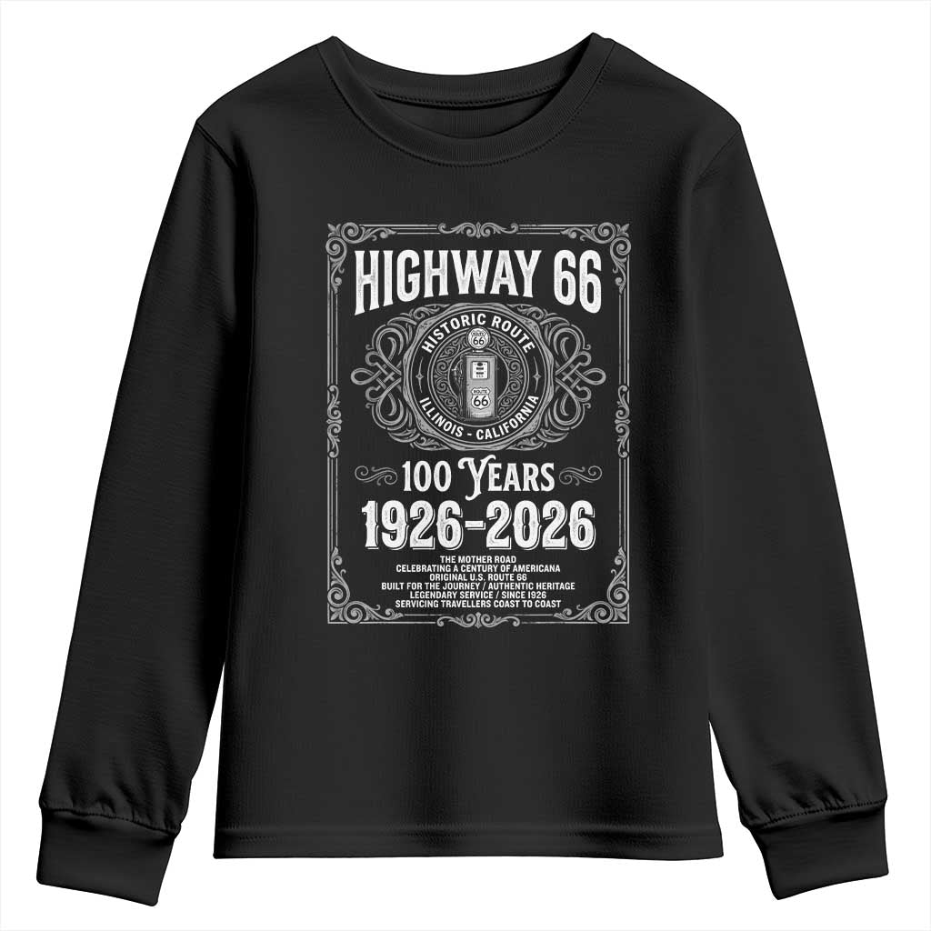 Historic Mother Road Highway 66 Youth Sweatshirt Centennial 1926-2026 Classic Gas Pump Filigree Graphic TS02 Black Print Your Wear