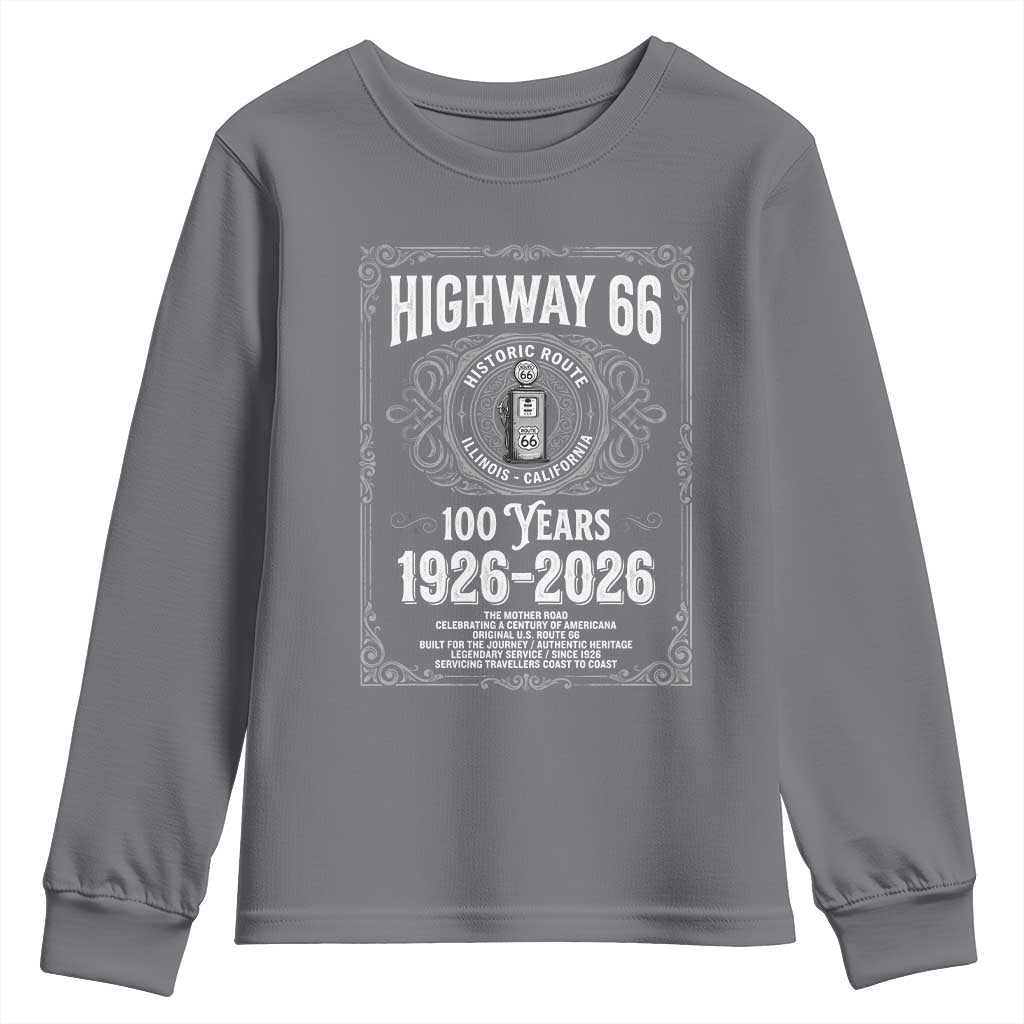 Historic Mother Road Highway 66 Youth Sweatshirt Centennial 1926-2026 Classic Gas Pump Filigree Graphic TS02 Charcoal Print Your Wear