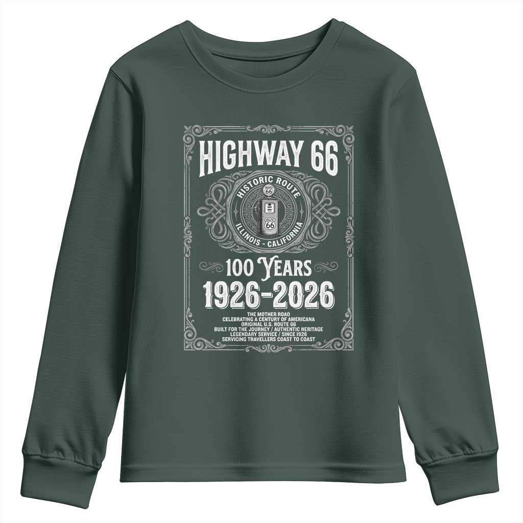 Historic Mother Road Highway 66 Youth Sweatshirt Centennial 1926-2026 Classic Gas Pump Filigree Graphic TS02 Dark Forest Green Print Your Wear