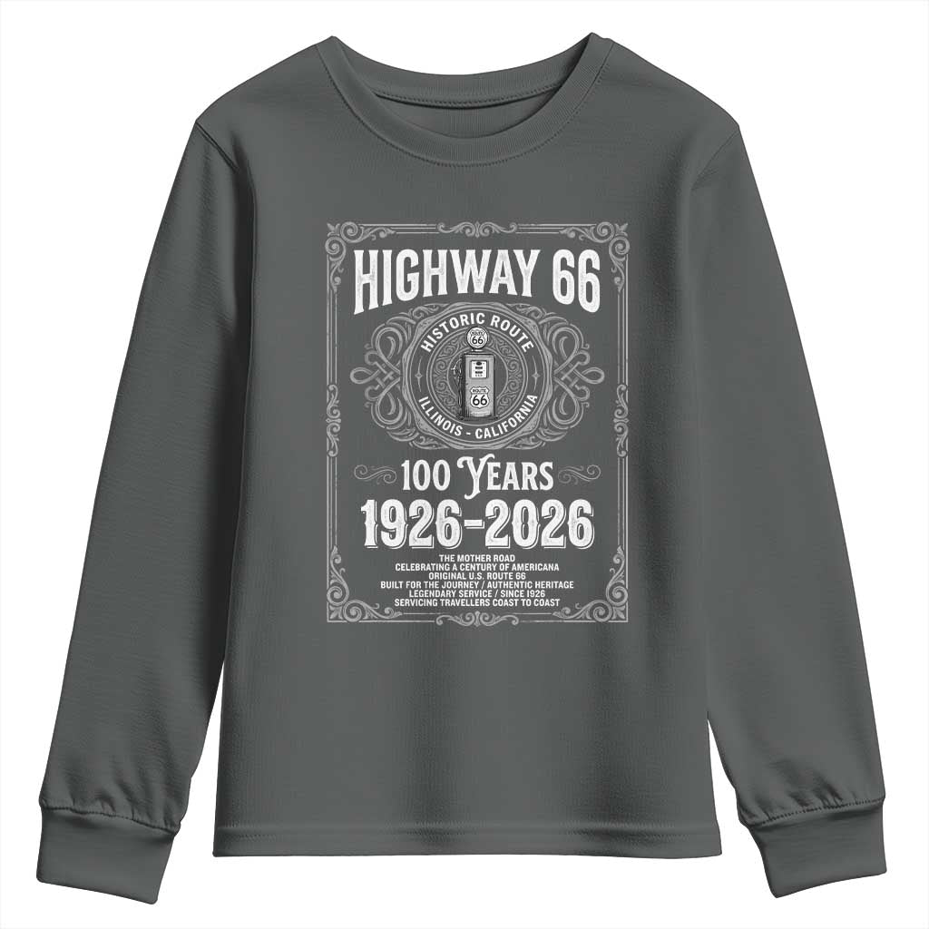 Historic Mother Road Highway 66 Youth Sweatshirt Centennial 1926-2026 Classic Gas Pump Filigree Graphic TS02 Dark Heather Print Your Wear