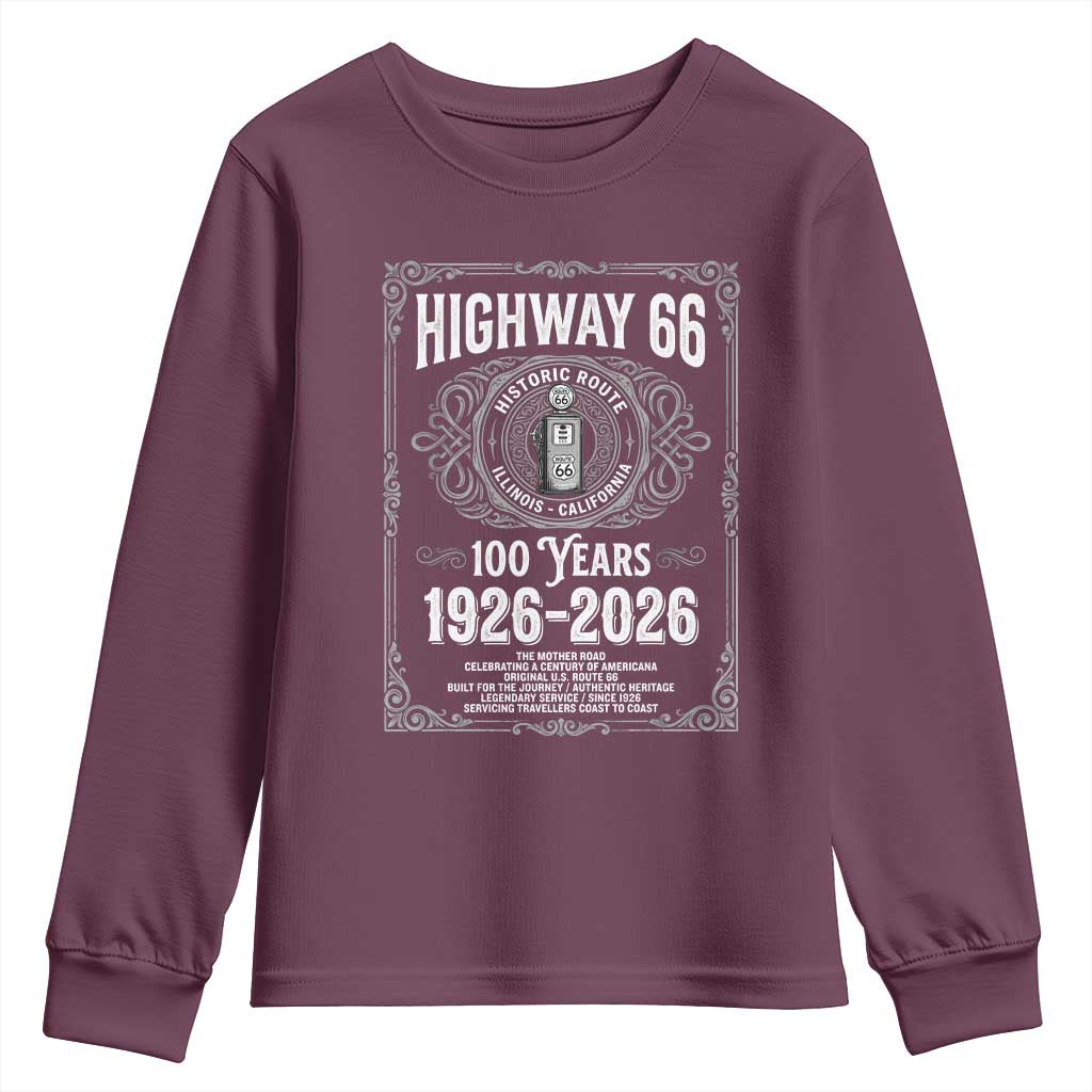 Historic Mother Road Highway 66 Youth Sweatshirt Centennial 1926-2026 Classic Gas Pump Filigree Graphic TS02 Maroon Print Your Wear