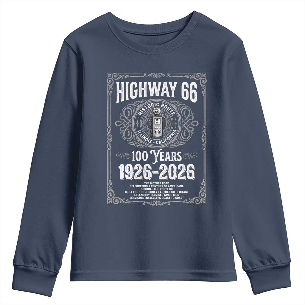 Historic Mother Road Highway 66 Youth Sweatshirt Centennial 1926-2026 Classic Gas Pump Filigree Graphic TS02 Navy Print Your Wear