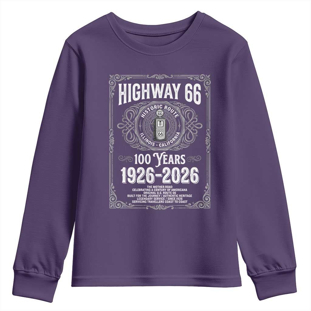 Historic Mother Road Highway 66 Youth Sweatshirt Centennial 1926-2026 Classic Gas Pump Filigree Graphic TS02 Purple Print Your Wear