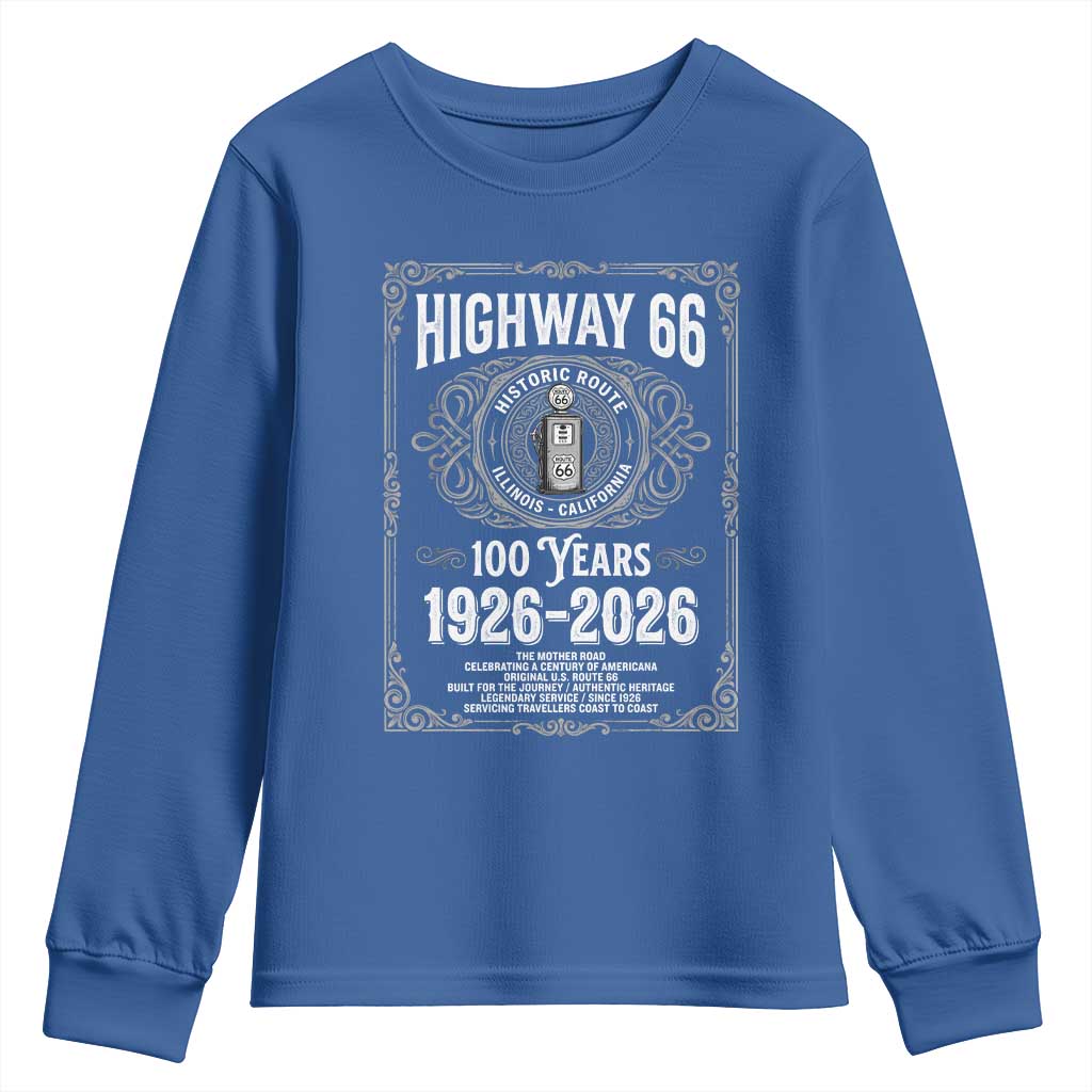 Historic Mother Road Highway 66 Youth Sweatshirt Centennial 1926-2026 Classic Gas Pump Filigree Graphic TS02 Royal Blue Print Your Wear