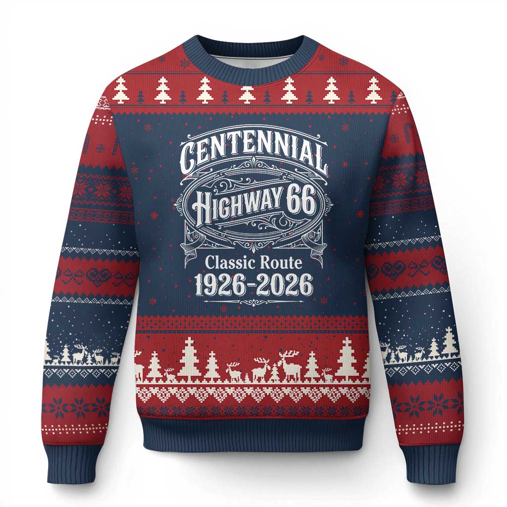 America Highway 66 Centennial 1926-2026 Classic Route Ugly Christmas Sweater Vintage The Mother Road Victorian Filigree Graphic TS02 Navy Red Print Your Wear