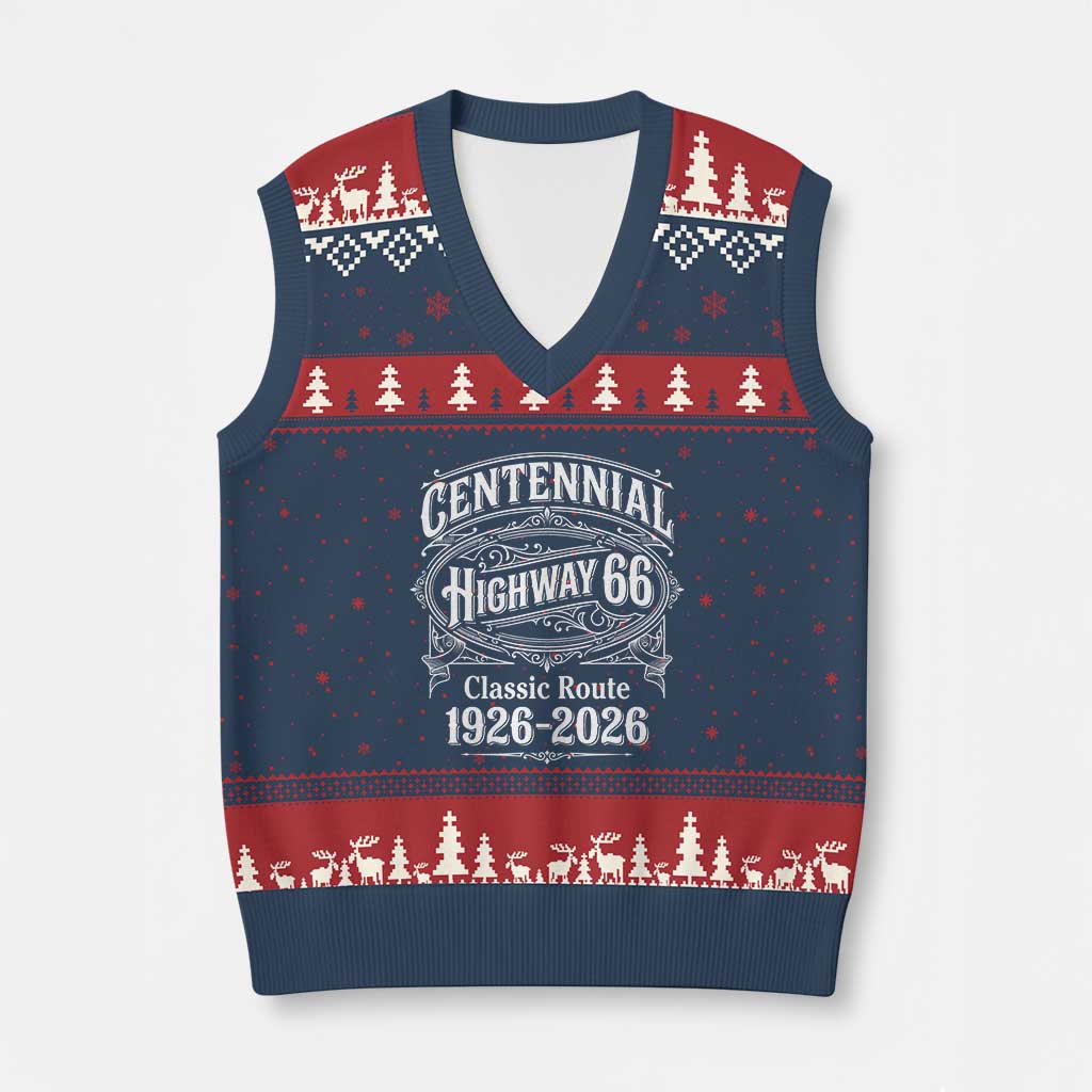 America Highway 66 Centennial 1926-2026 Classic Route V-Neck Knit Sweater Vest Vintage The Mother Road Victorian Filigree Graphic TS02 Navy Red Print Your Wear
