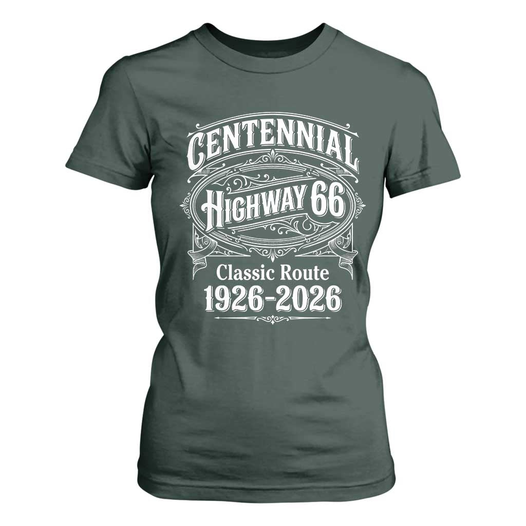 America Highway 66 Centennial 1926-2026 Classic Route T Shirt For Women Vintage The Mother Road Victorian Filigree Graphic TS02 Dark Forest Green Print Your Wear