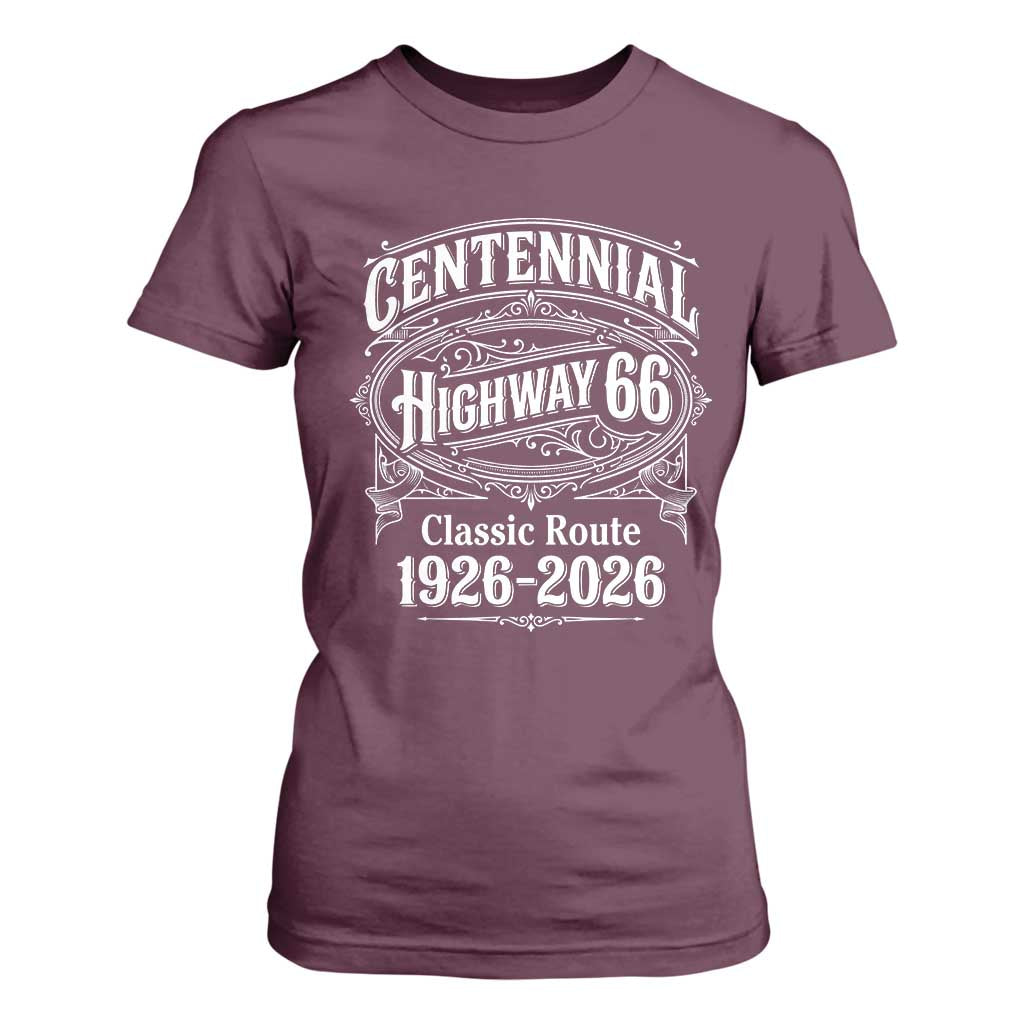 America Highway 66 Centennial 1926-2026 Classic Route T Shirt For Women Vintage The Mother Road Victorian Filigree Graphic TS02 Maroon Print Your Wear