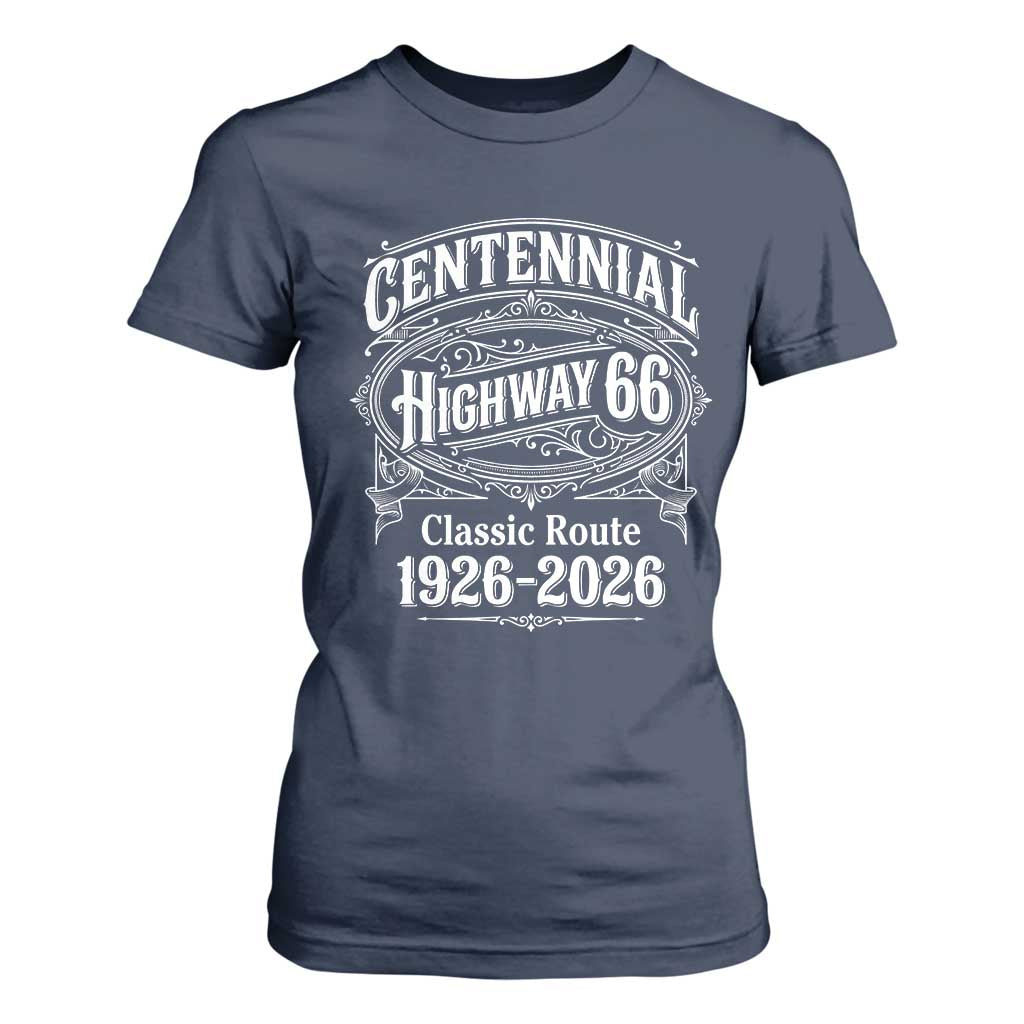 America Highway 66 Centennial 1926-2026 Classic Route T Shirt For Women Vintage The Mother Road Victorian Filigree Graphic TS02 Navy Print Your Wear