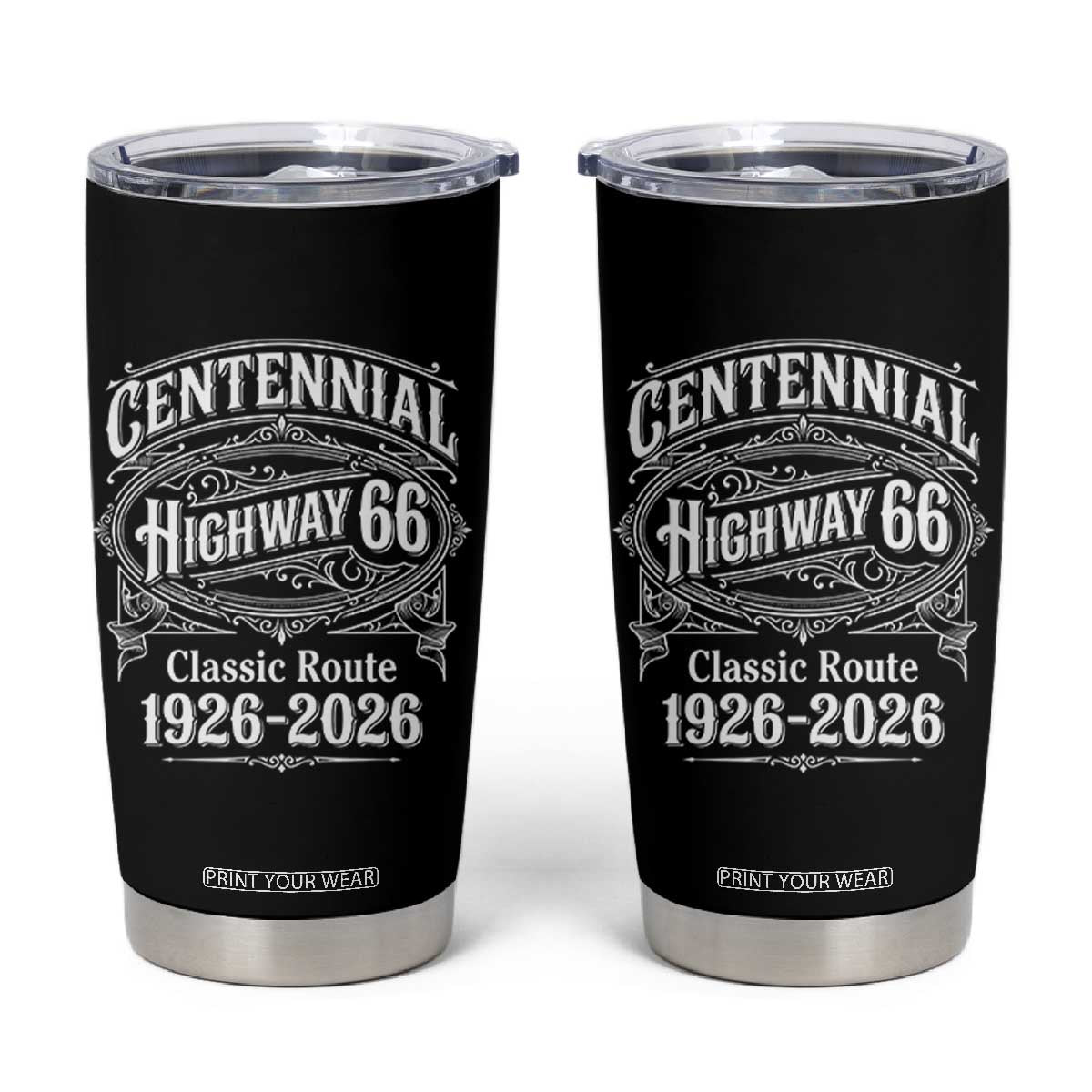 America Highway 66 Centennial 1926-2026 Classic Route Tumbler Cup Vintage The Mother Road Victorian Filigree Graphic TS02 Black Print Your Wear